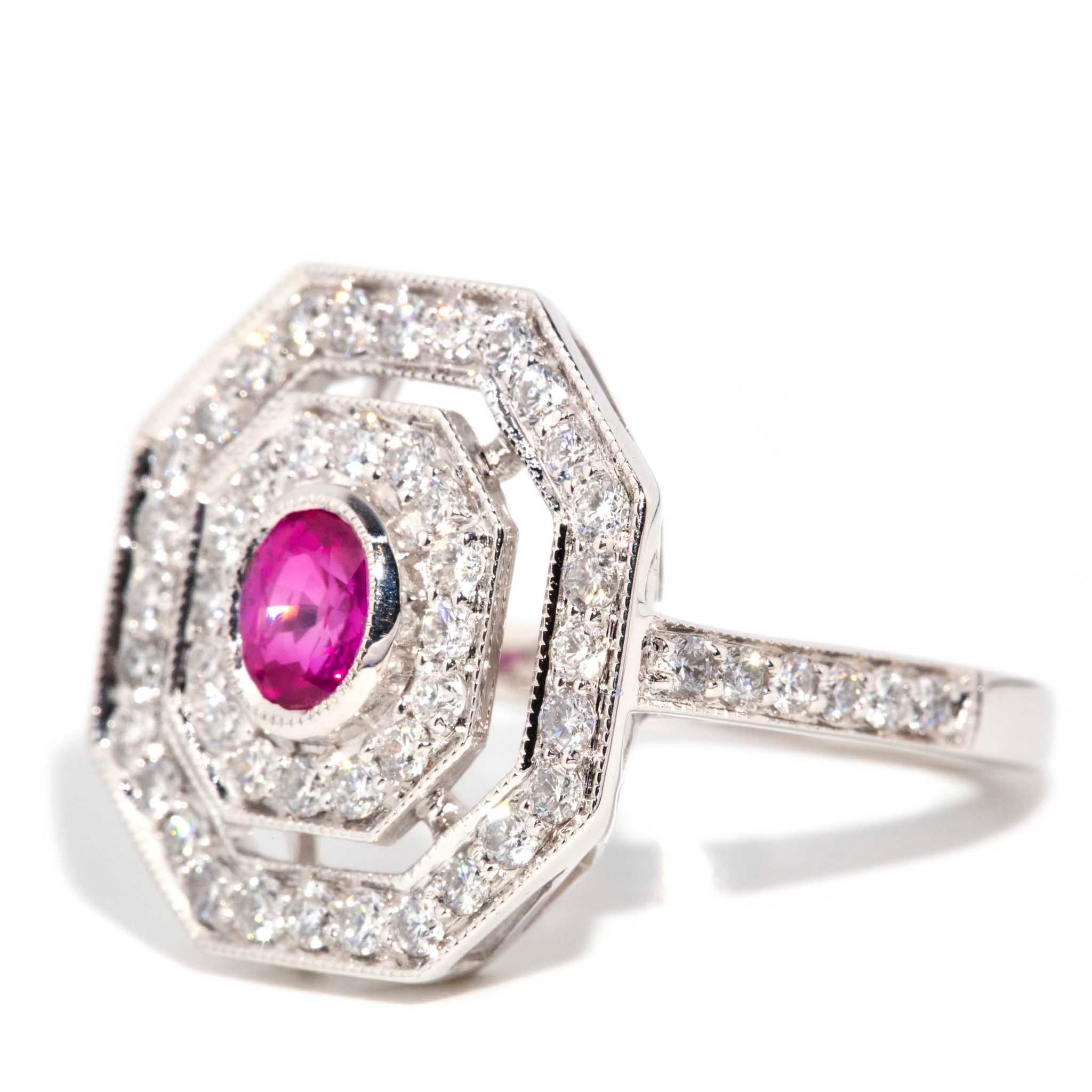 Natural Ruby & 1.07 Carat Diamond Art Deco Inspired Ring 18 Carat White Gold For Sale 5