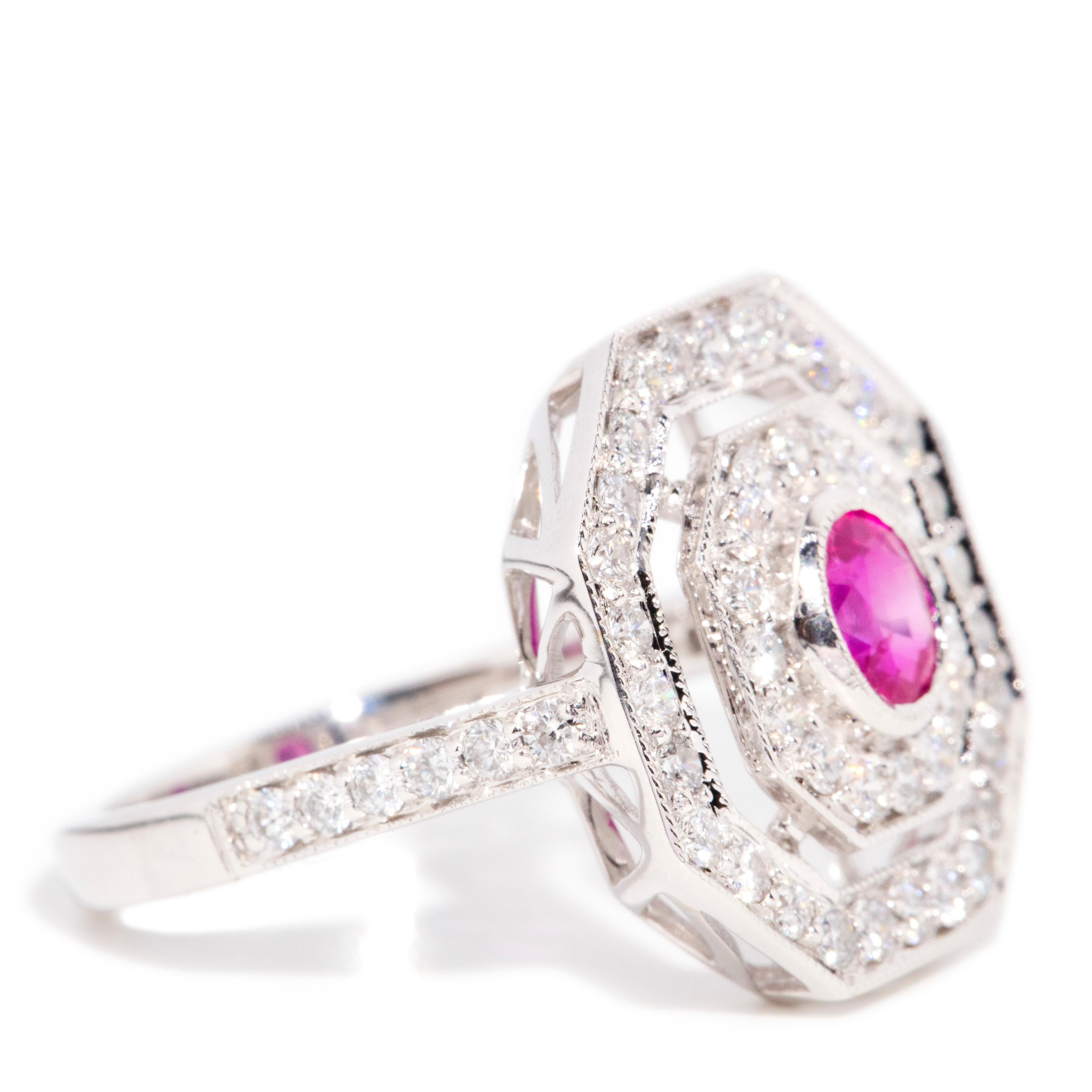 Natural Ruby & 1.07 Carat Diamond Art Deco Inspired Ring 18 Carat White Gold In New Condition For Sale In Hamilton, AU