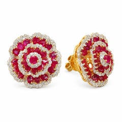 Designer 14K Gold Ruby 11.37ct & Diamond 1.39ct Stud Earrings