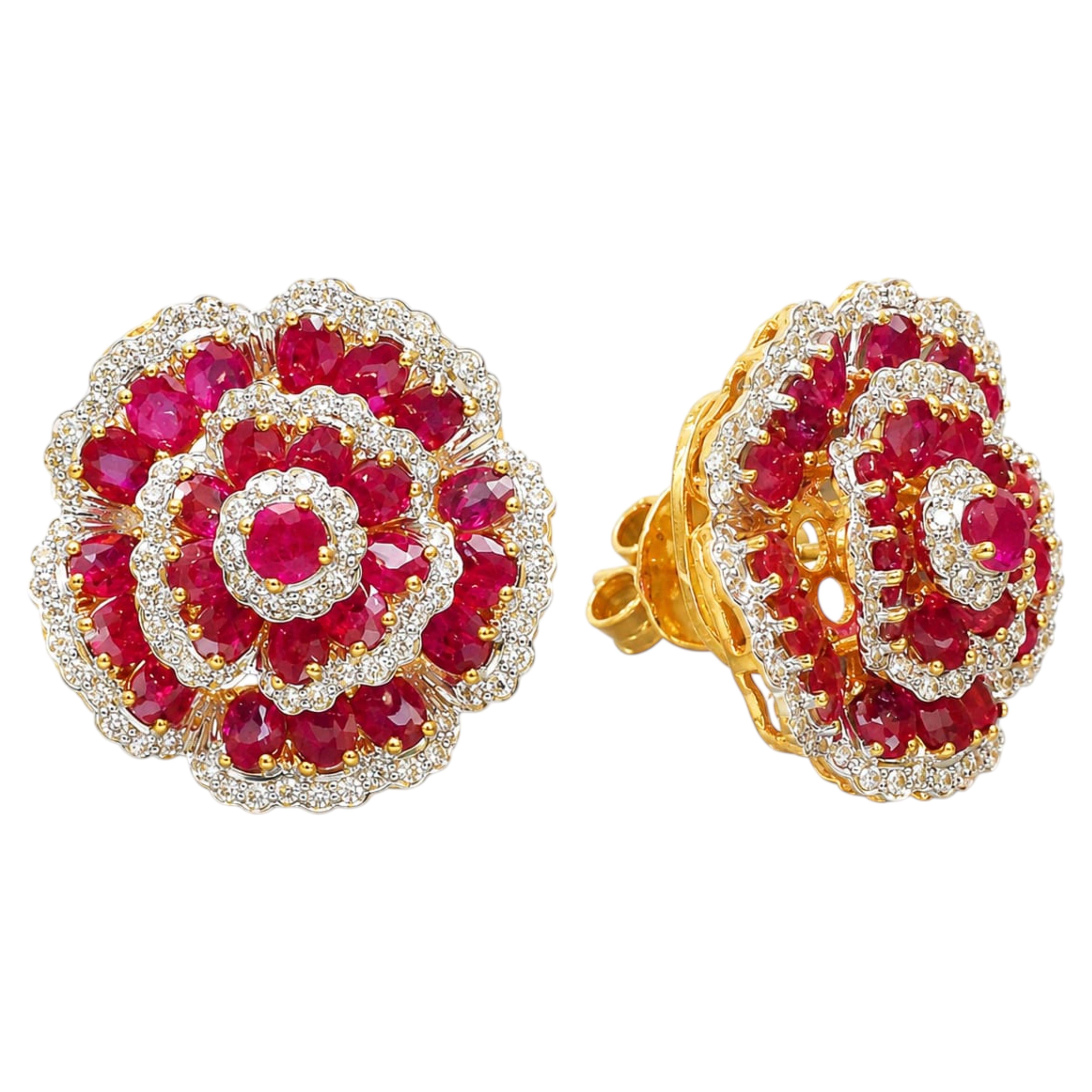 Designer 14K Gold Ruby 11.37ct & Diamond 1.39ct Stud Earrings For Sale