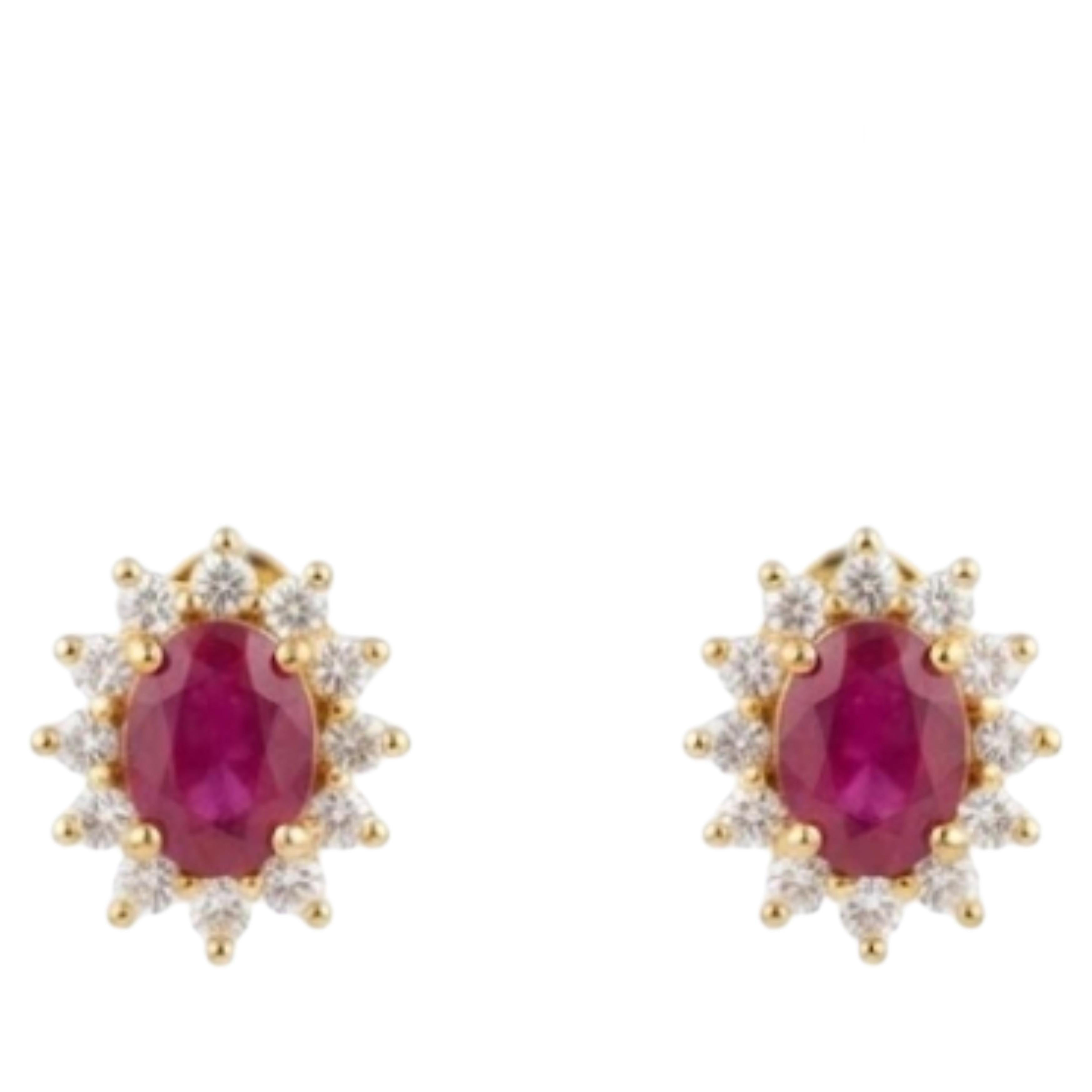 Designer 18K Yellow Gold Ruby 1.30ct & Diamond 0.32ct Earrings For Sale