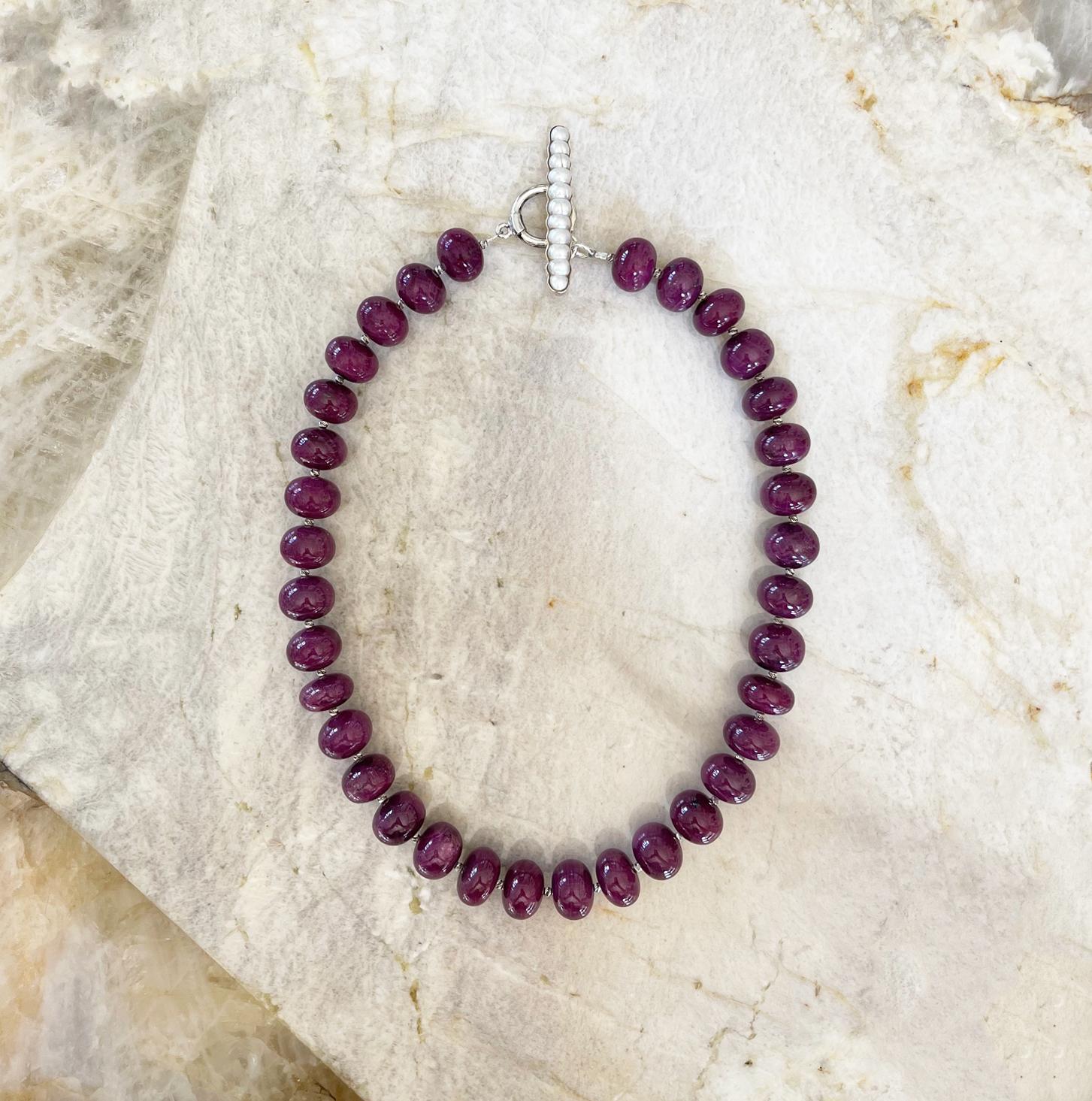 Natural Ruby 14-15mm Rondelle Beaded Necklace with Freshwater Pearl Toggle Clasp For Sale 6