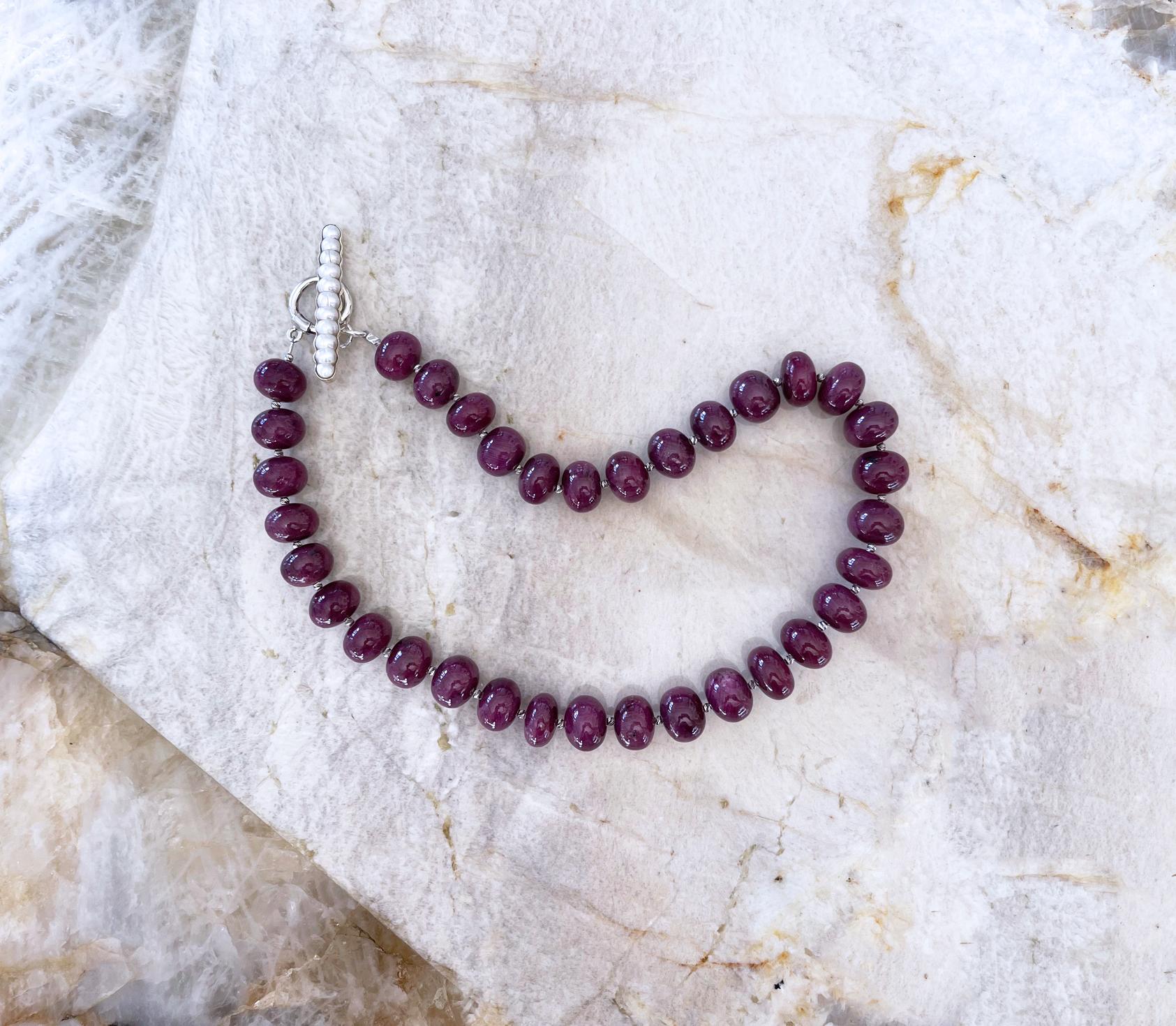 Natural Ruby 14-15mm Rondelle Beaded Necklace with Freshwater Pearl Toggle Clasp In New Condition For Sale In Tucson, AZ