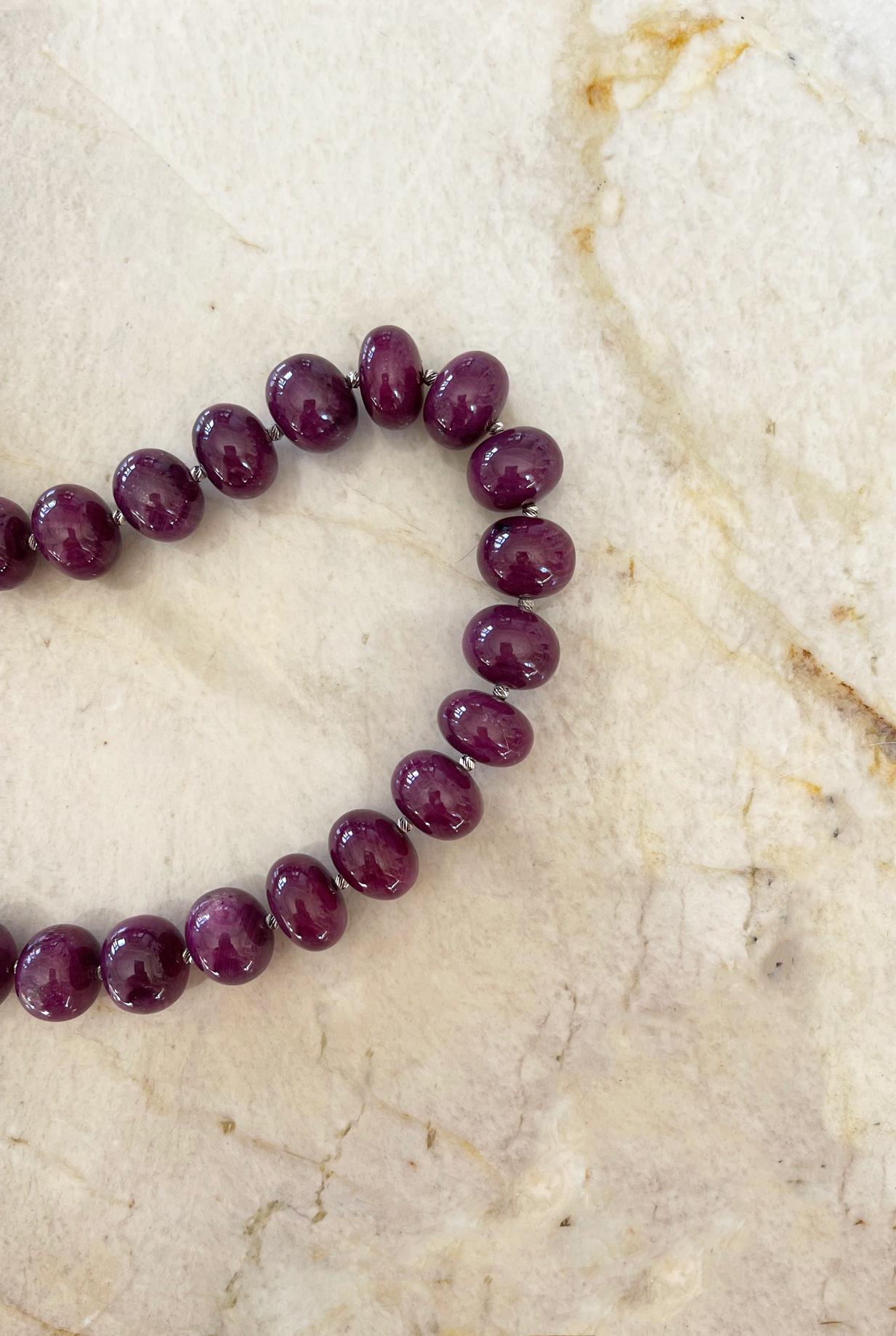 Natural Ruby 14-15mm Rondelle Beaded Necklace with Freshwater Pearl Toggle Clasp For Sale 1