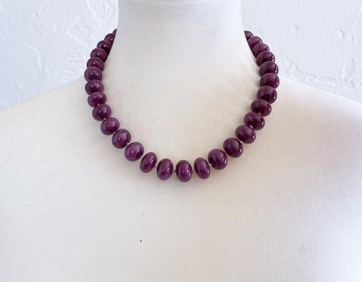 Natural Ruby 14-15mm Rondelle Beaded Necklace with Freshwater Pearl Toggle Clasp For Sale 3