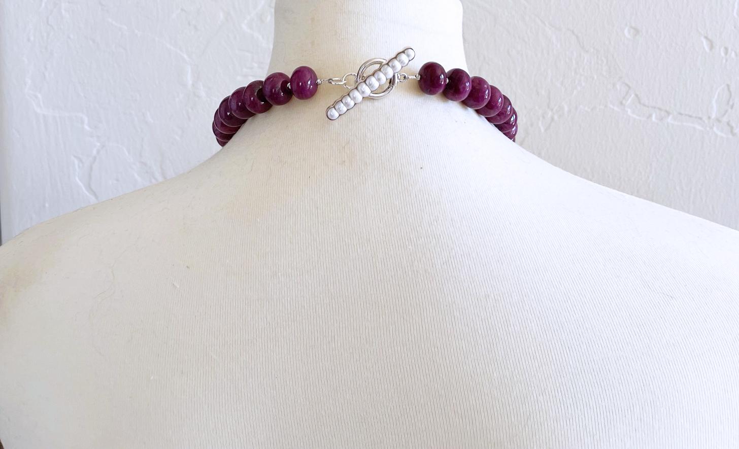 Natural Ruby 14-15mm Rondelle Beaded Necklace with Freshwater Pearl Toggle Clasp For Sale 5