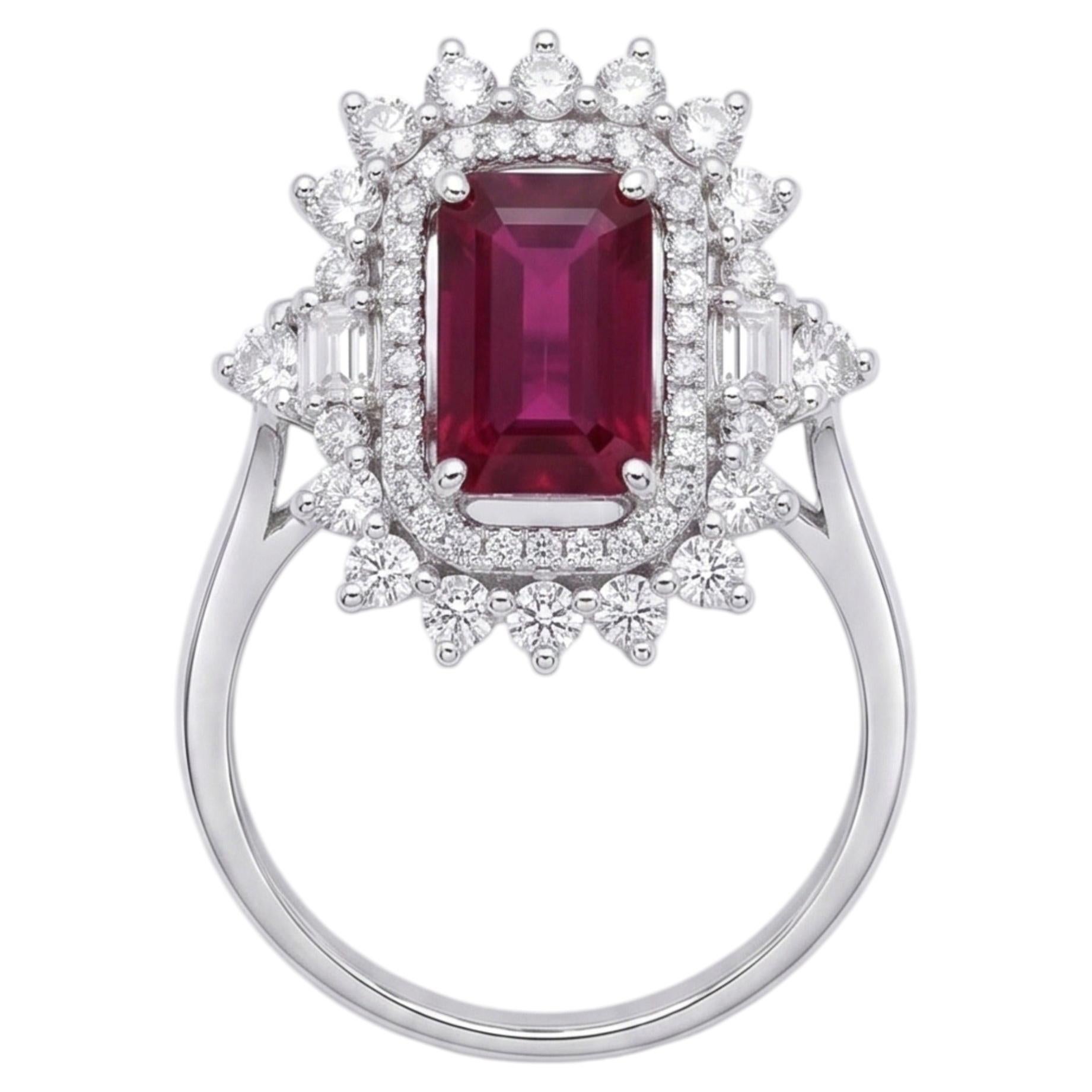 Stunning 18K Gold Ruby and Diamond Halo Ring, 1.57ct & 0.79ct For Sale
