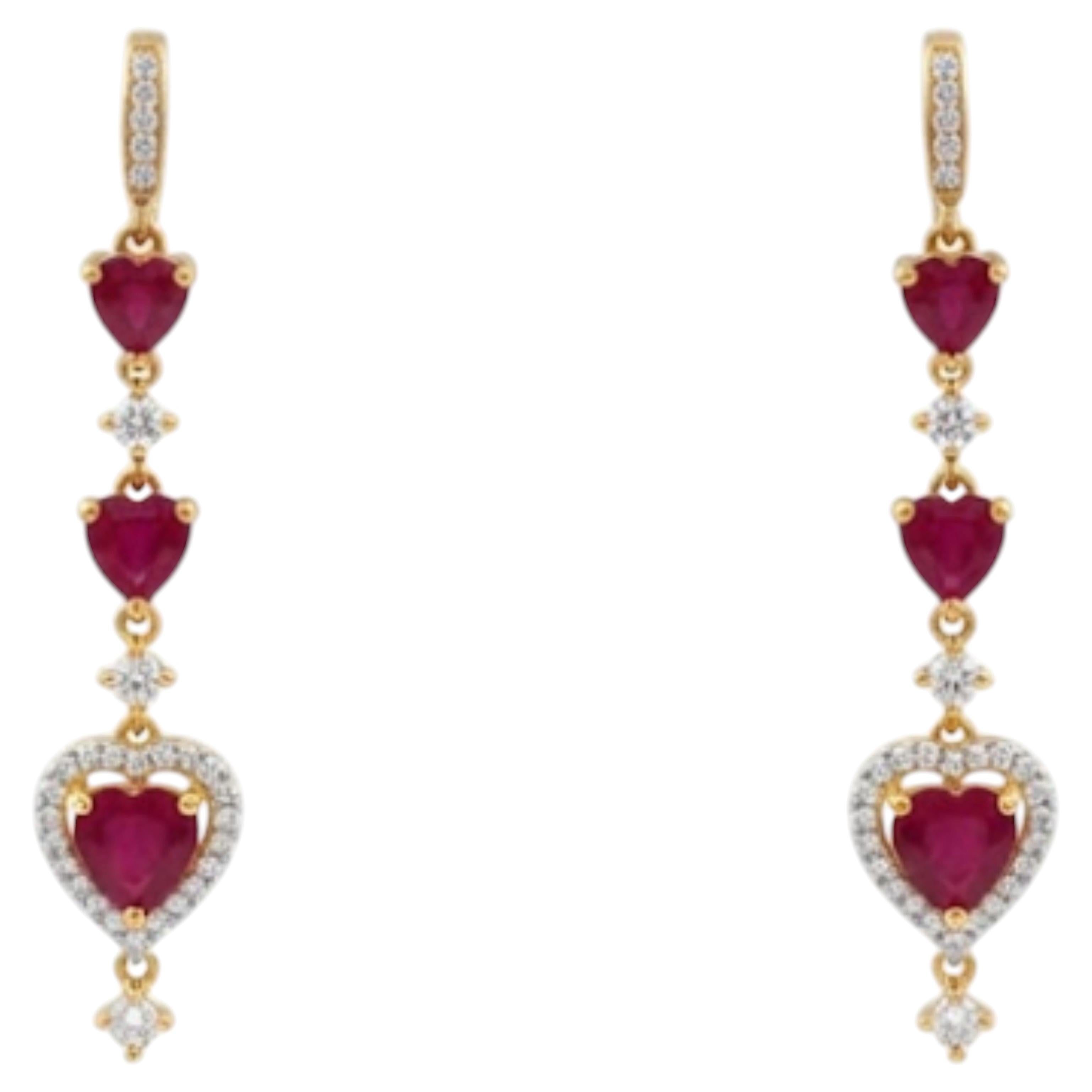 Designer 18K Yellow Gold Ruby 2.82ct & Diamond 0.63ct Stud Earrings For Sale