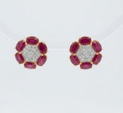 Designer 18K Yellow Gold Ruby 3.30ct & Diamond 0.40ct Stud Earrings