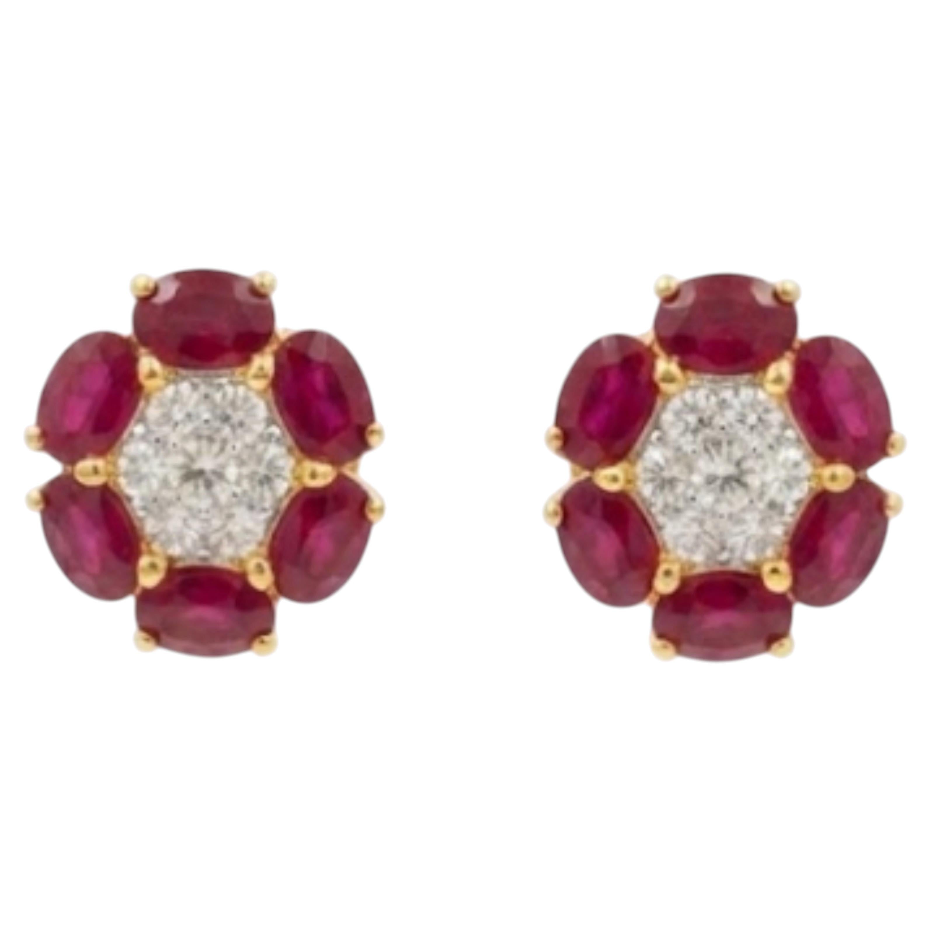 Designer 18K Yellow Gold Ruby 3.30ct & Diamond 0.40ct Stud Earrings