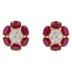 Designer 18K Yellow Gold Ruby 3.30ct & Diamond 0.40ct Stud Earrings