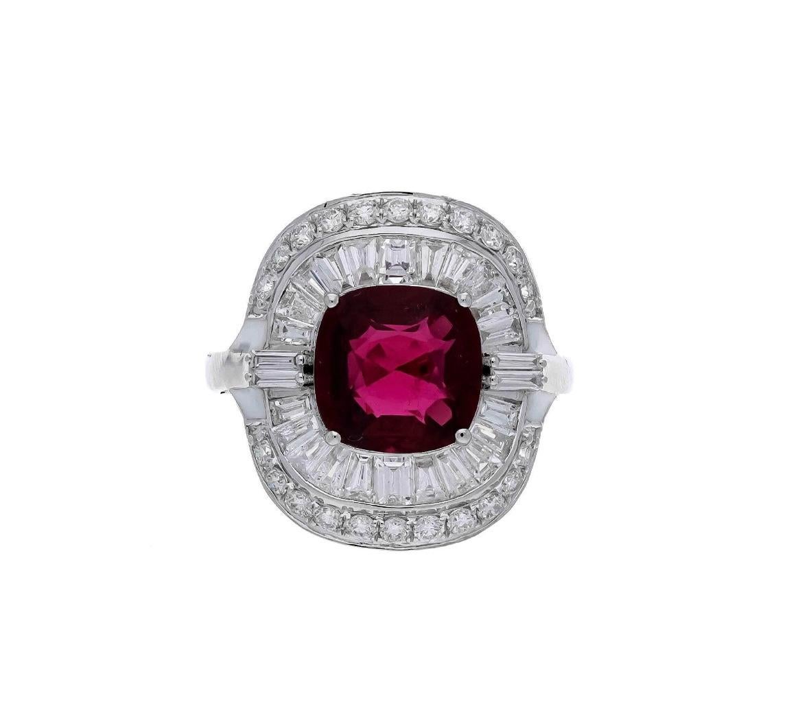 Stone : Ruby 

❋ Stone Shape : Cushion Cut

❋ Stone Color : As Shown In Picture

❋ Stone Weight : 3.380 Cts. Approx.

❋ Stone Type : Natural


❋ Diamond Weight : 2.00 Cts. Approx.

❋ Diamond Shape : Round & Baguette Cut

❋ Diamond Quality : FG-SI

❋