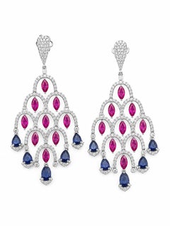 Designer 14K Gold Ruby Sapphire Diamond Earrings, 3.12ct Total Weight