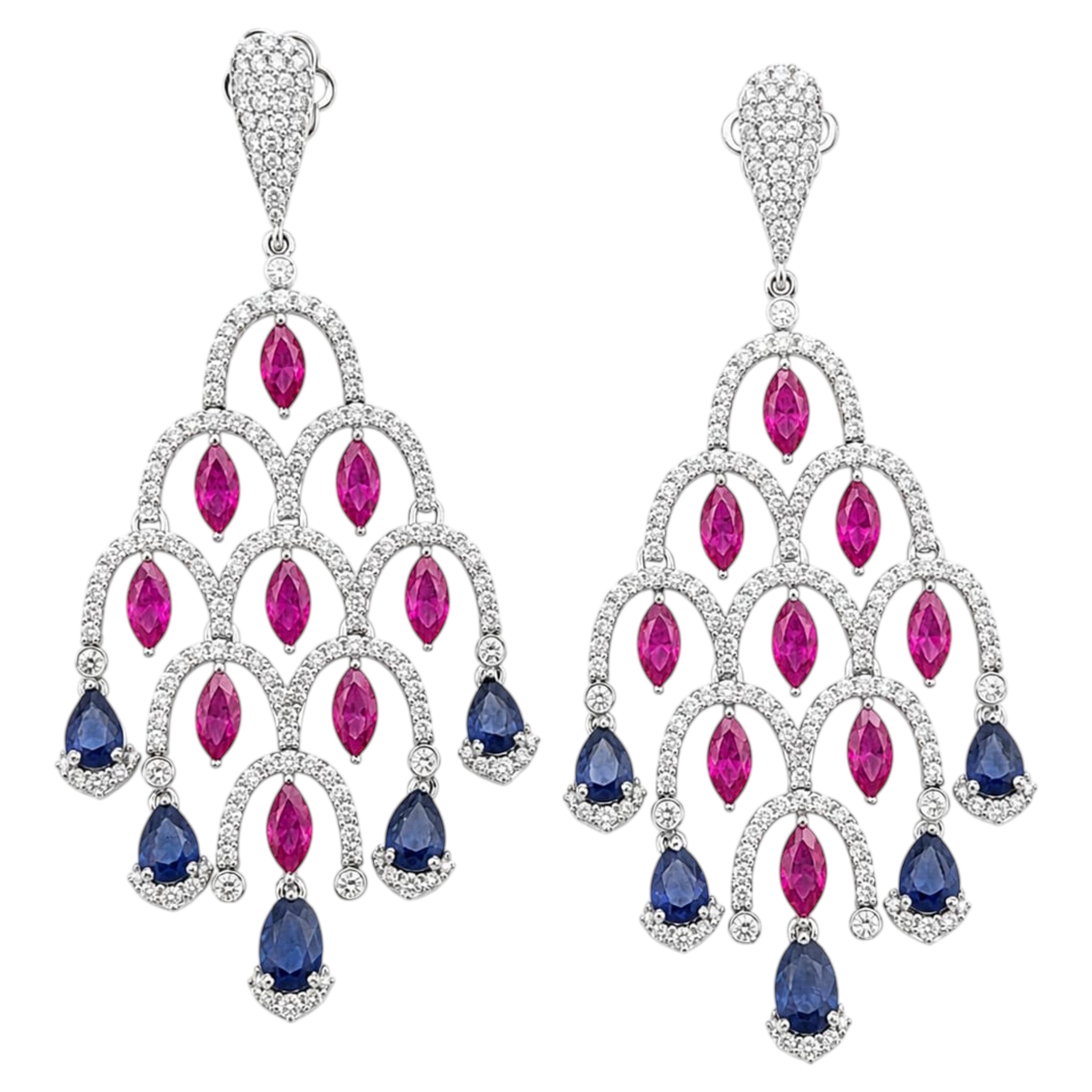 Designer 14K Gold Ruby Sapphire Diamond Earrings, 3.12ct Total Weight