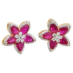 Designer 14K Gold Ruby 4ct & Diamond 0.69ct Stud Earrings