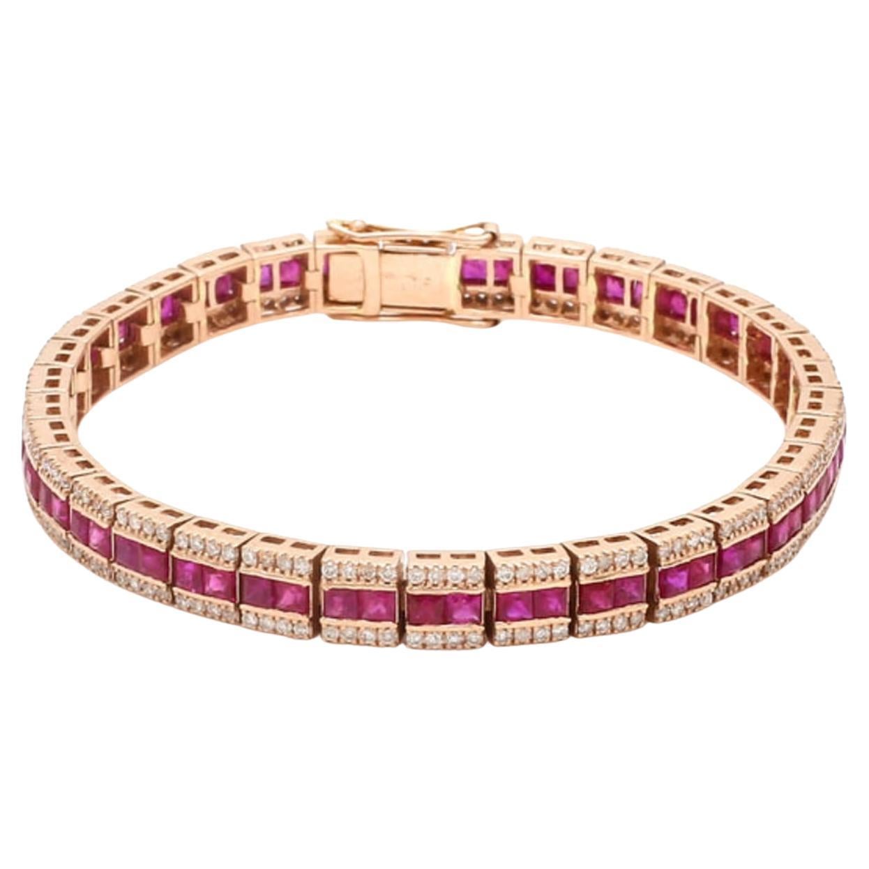 14K Yellow Gold Ruby and Diamond Bracelet, 6 Carats For Sale