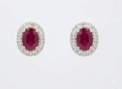 Designer 18K White Gold Ruby and Diamond Halo Earrings, 7.55ct Ruby