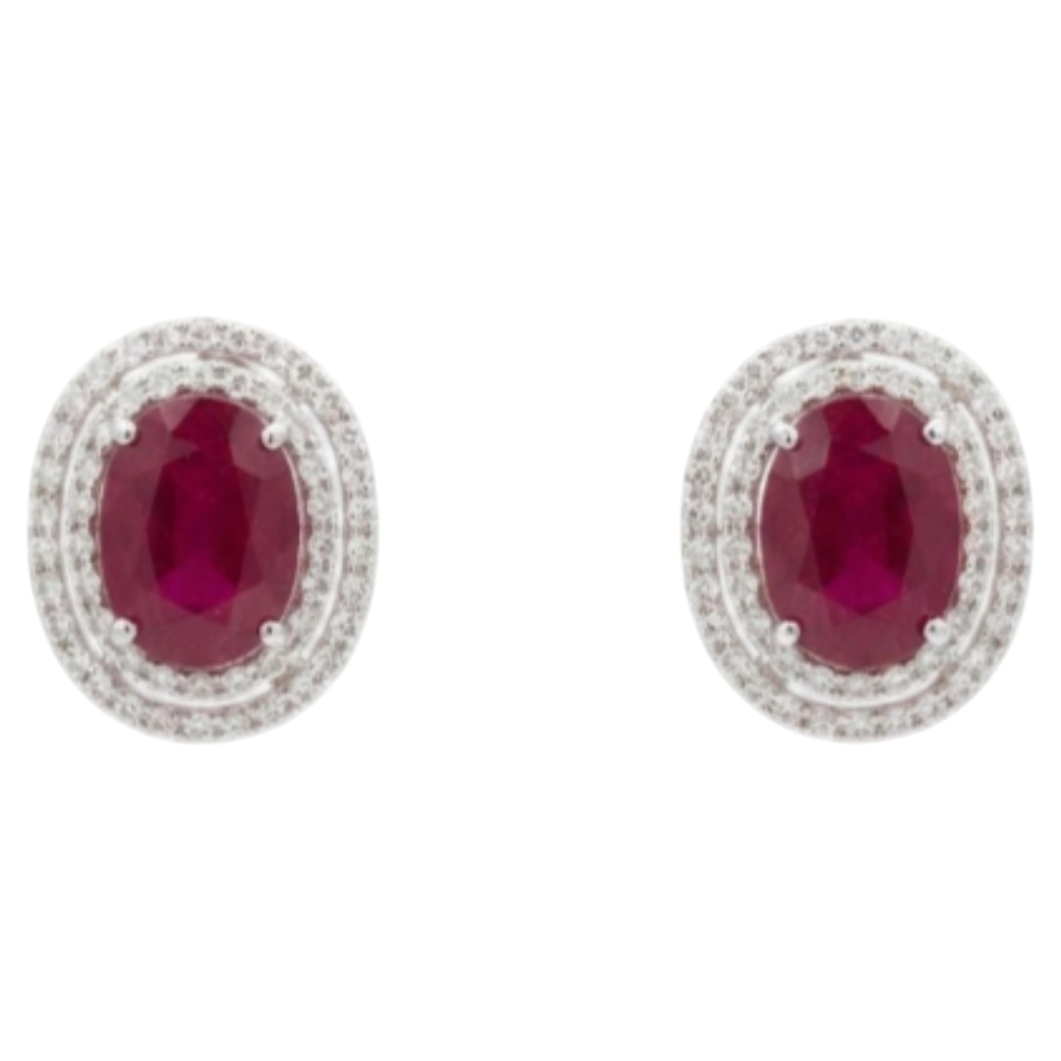 Designer 18K White Gold Ruby and Diamond Halo Earrings, 7.55ct Ruby For Sale