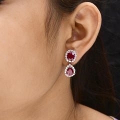 Natural Ruby 8.33 Carat Halo Diamond 1.42 Carat Drop Earrings in 18k White Gold