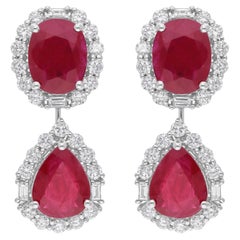 Boucles d'oreilles pendantes en or blanc 18 carats, rubis naturel 8.33 carats Halo diamant 1.42 carats