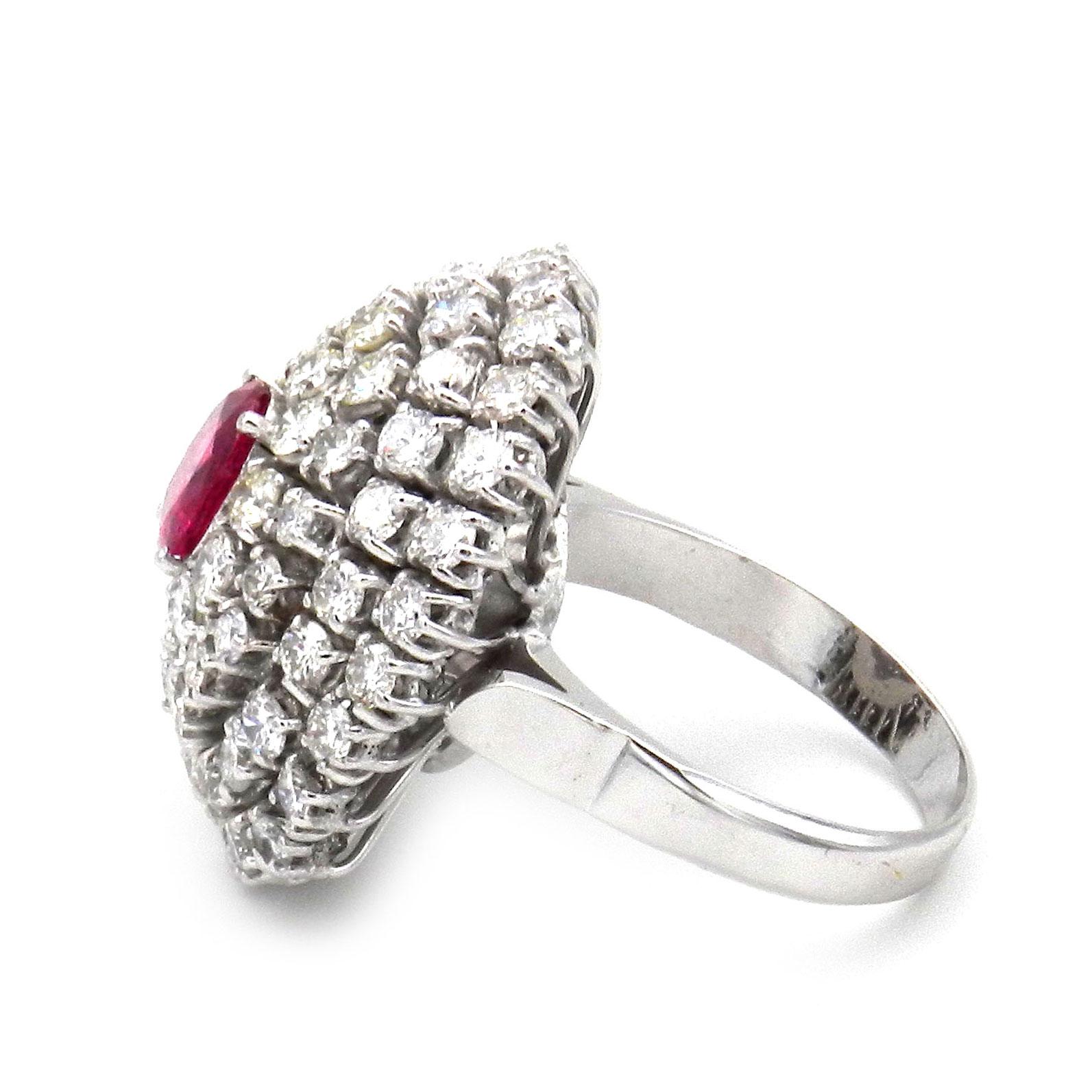 Brilliant Cut Natural Ruby and 4 Carat Diamond Cocktail Ring in 18 Karat White Gold