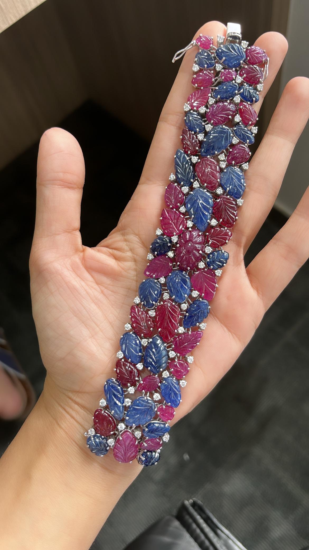 Natural Ruby and Blue Sapphire Un-Heat Bracelet with Diamonds in 18 Karat Gold 3