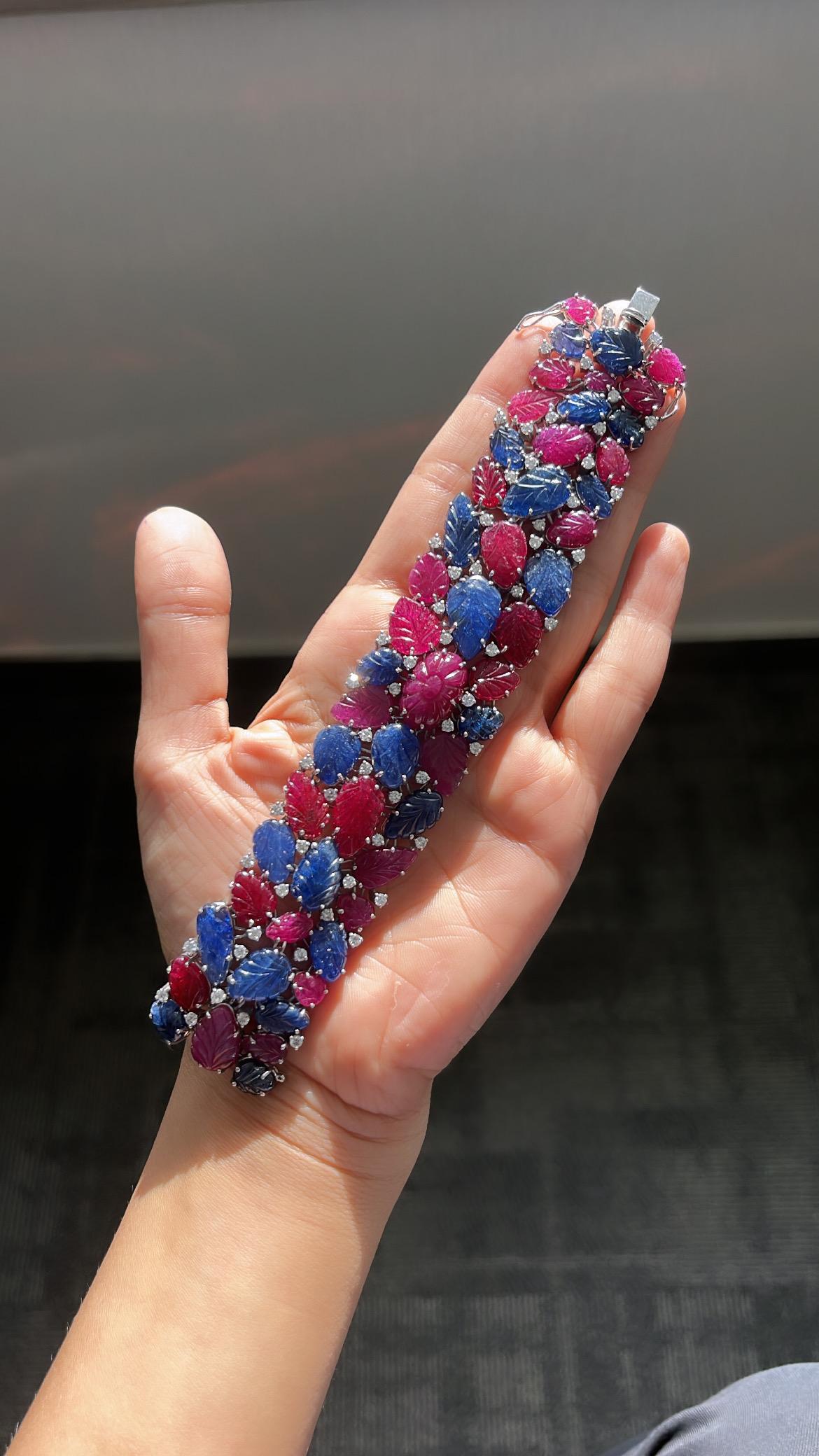 Natural Ruby and Blue Sapphire Un-Heat Bracelet with Diamonds in 18 Karat Gold 4
