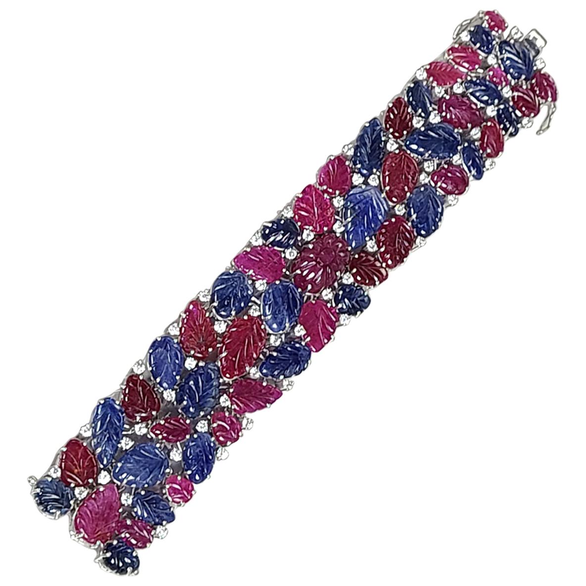 Natural Ruby and Blue Sapphire Un-Heat Bracelet with Diamonds in 18 Karat Gold For Sale