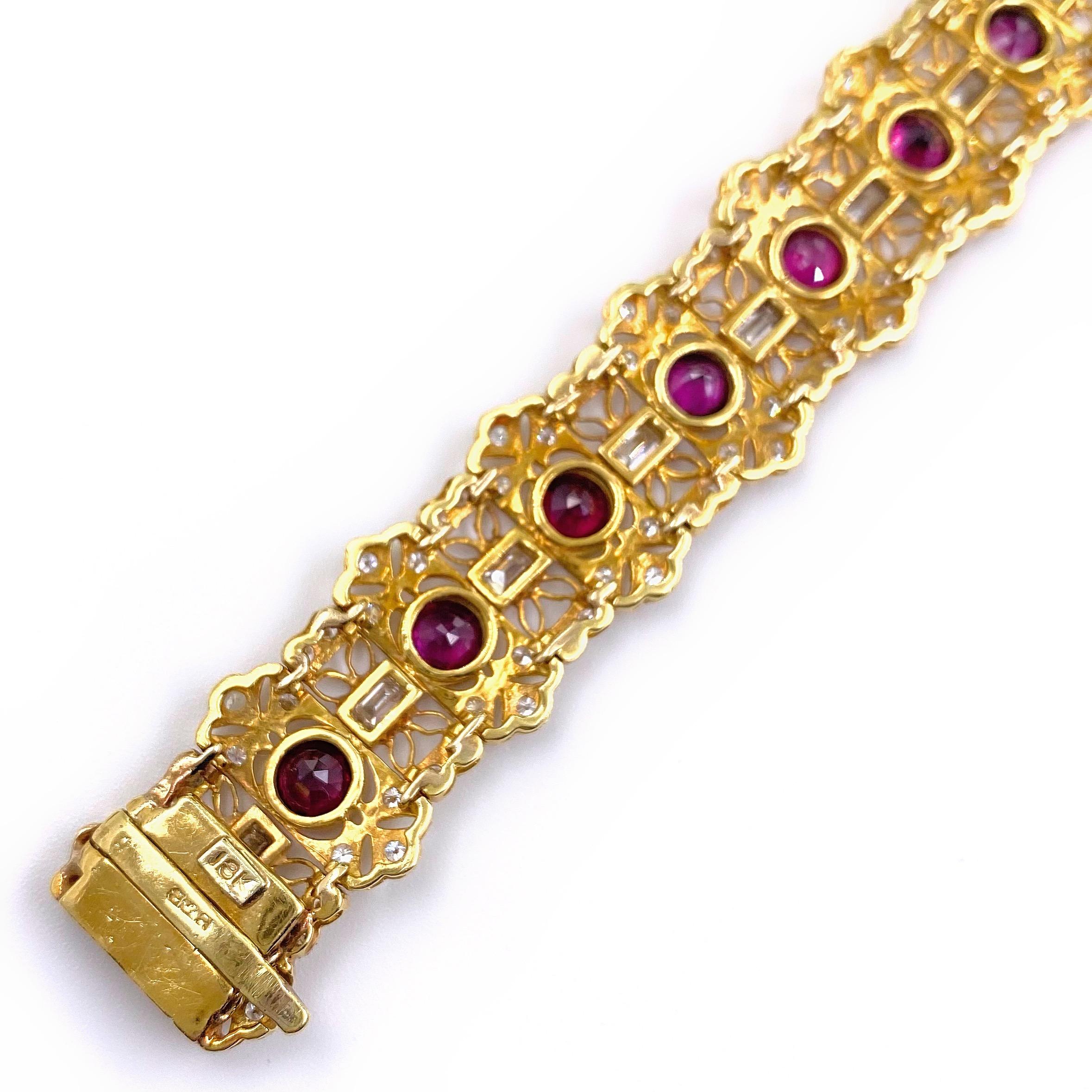 Natural Ruby and Diamond 10.60 Carat 18 Karat Yellow Gold Bracelet For Sale 5