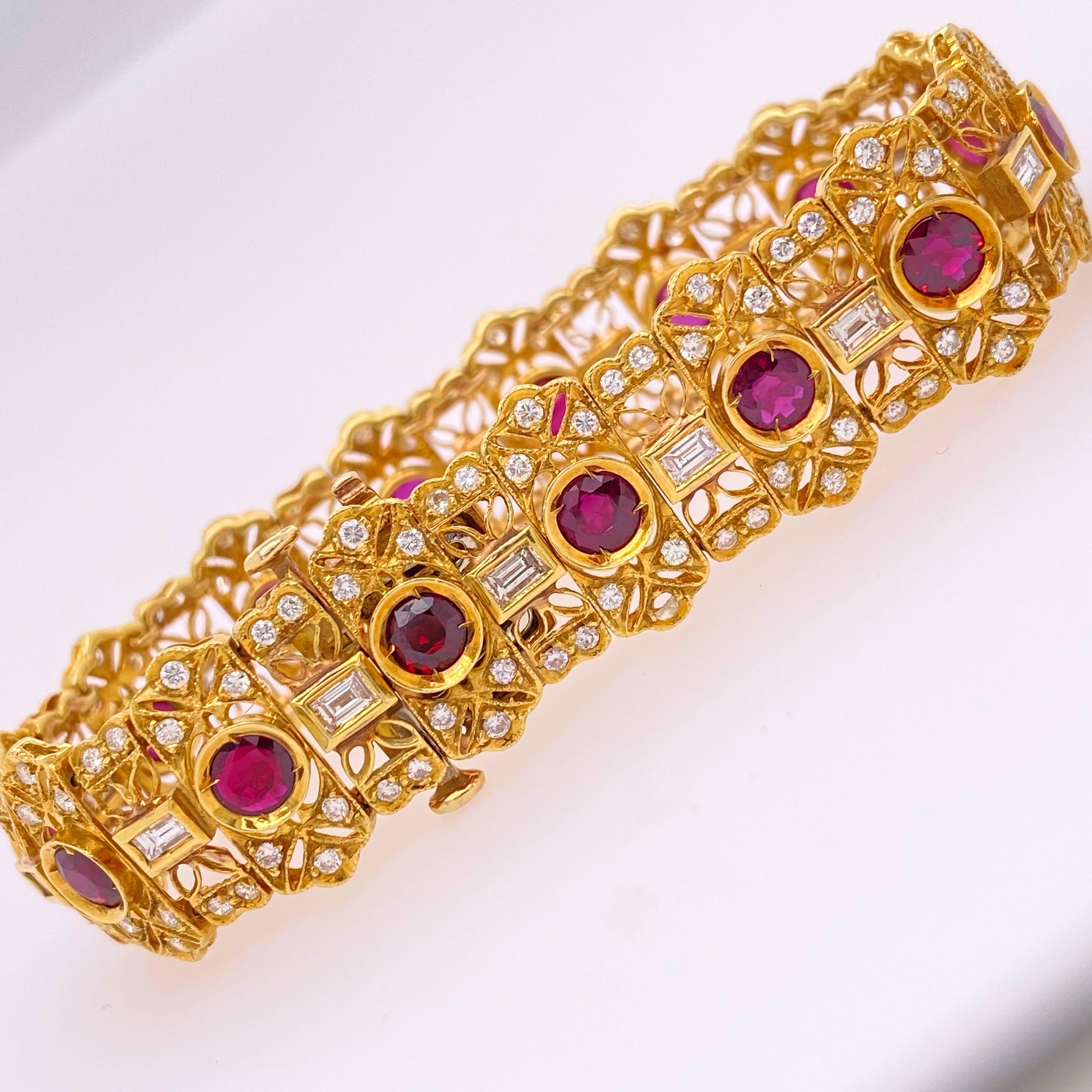 Ruby & Diamond Bracelet
Style:  Intricate Floral Filigree link 
Metal:  18K Yellow Gold,  30.31 grams
Size & Measurements:  7'' long x 0.65'' (16.3 mm) wide
TCW:  10.60 Carats Total
Rubies:  15 Round Brilliant Cut, 5.25 Carats Total
Origin & Color: 