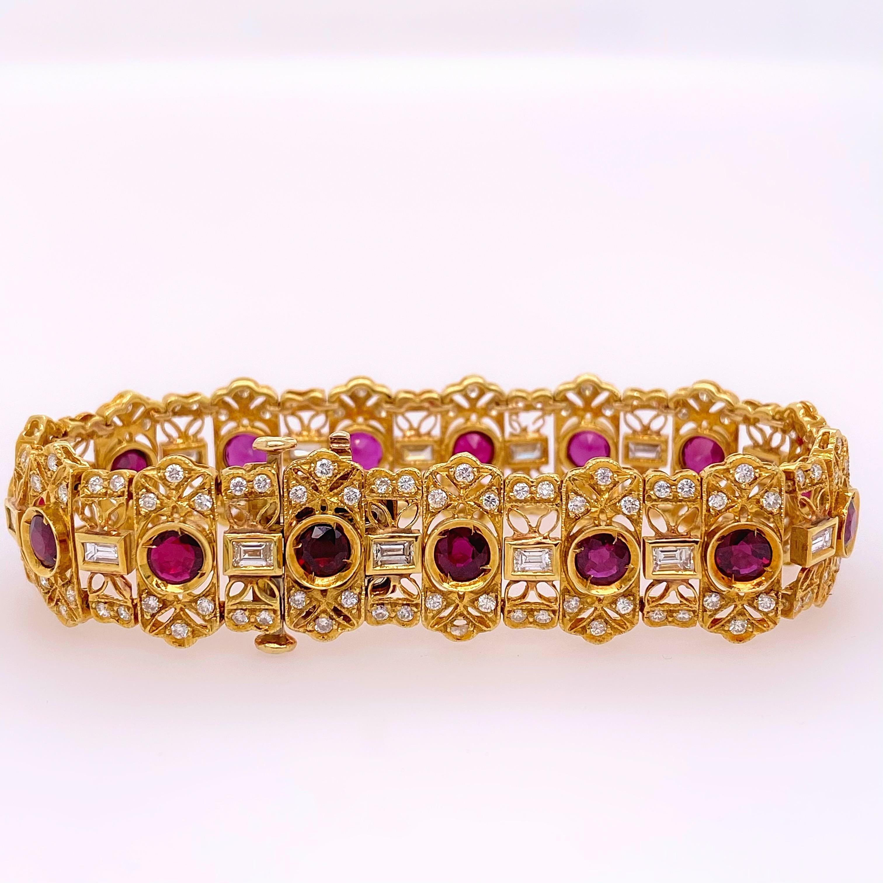 Round Cut Natural Ruby and Diamond 10.60 Carat 18 Karat Yellow Gold Bracelet For Sale