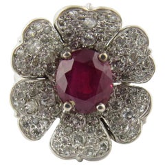 Natural Ruby and Diamond 14 Karat White Gold Flower Cocktail Ring Natural Ruby and Diamond 14 Karat White Gold Flower Cocktail Ring