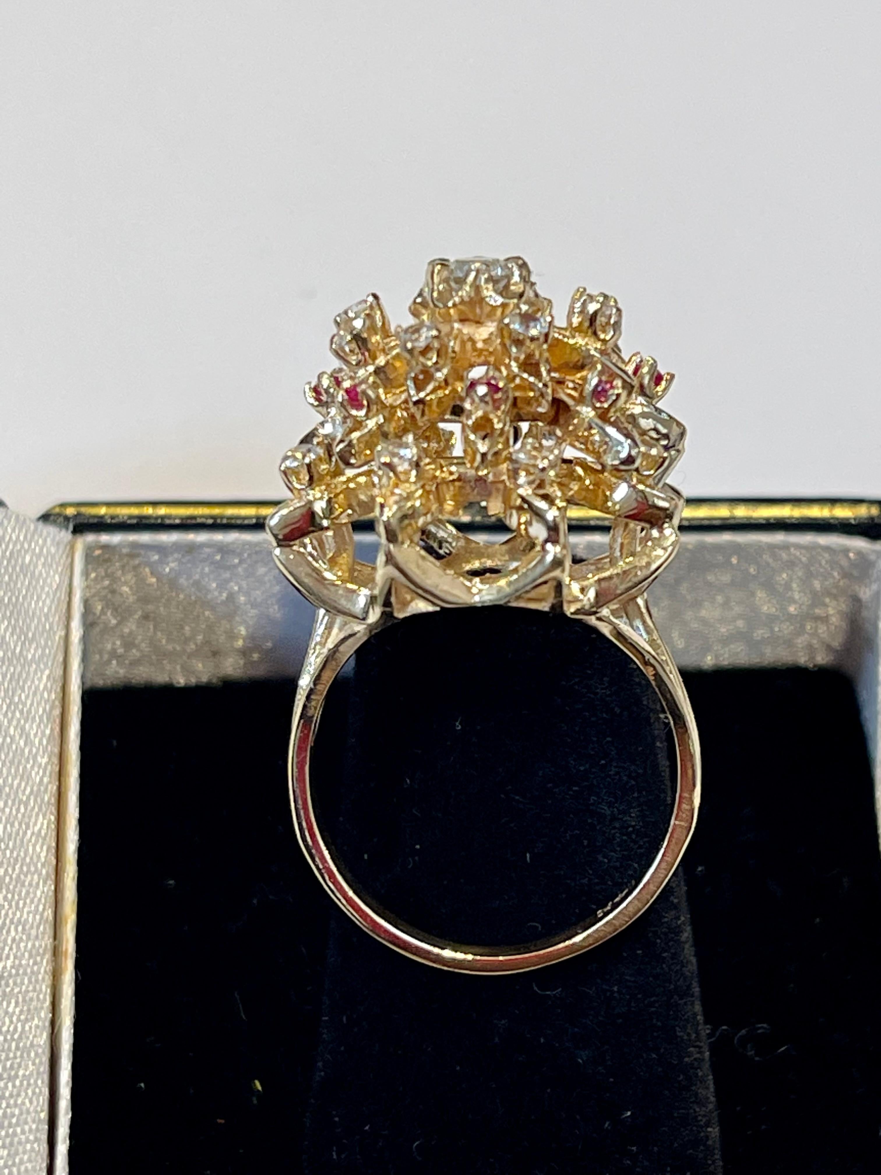 Natural Ruby and Diamond 14 Karat Yellow Gold Flower Cocktail Ring For Sale 4