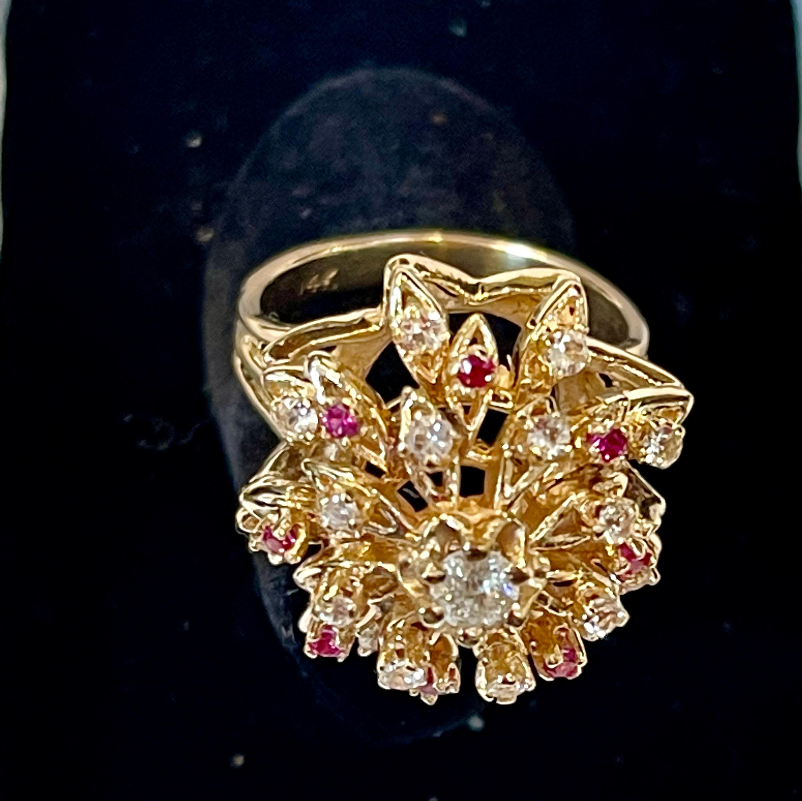 Natural Ruby and Diamond 14 Karat Yellow Gold Flower Cocktail Ring For Sale 5