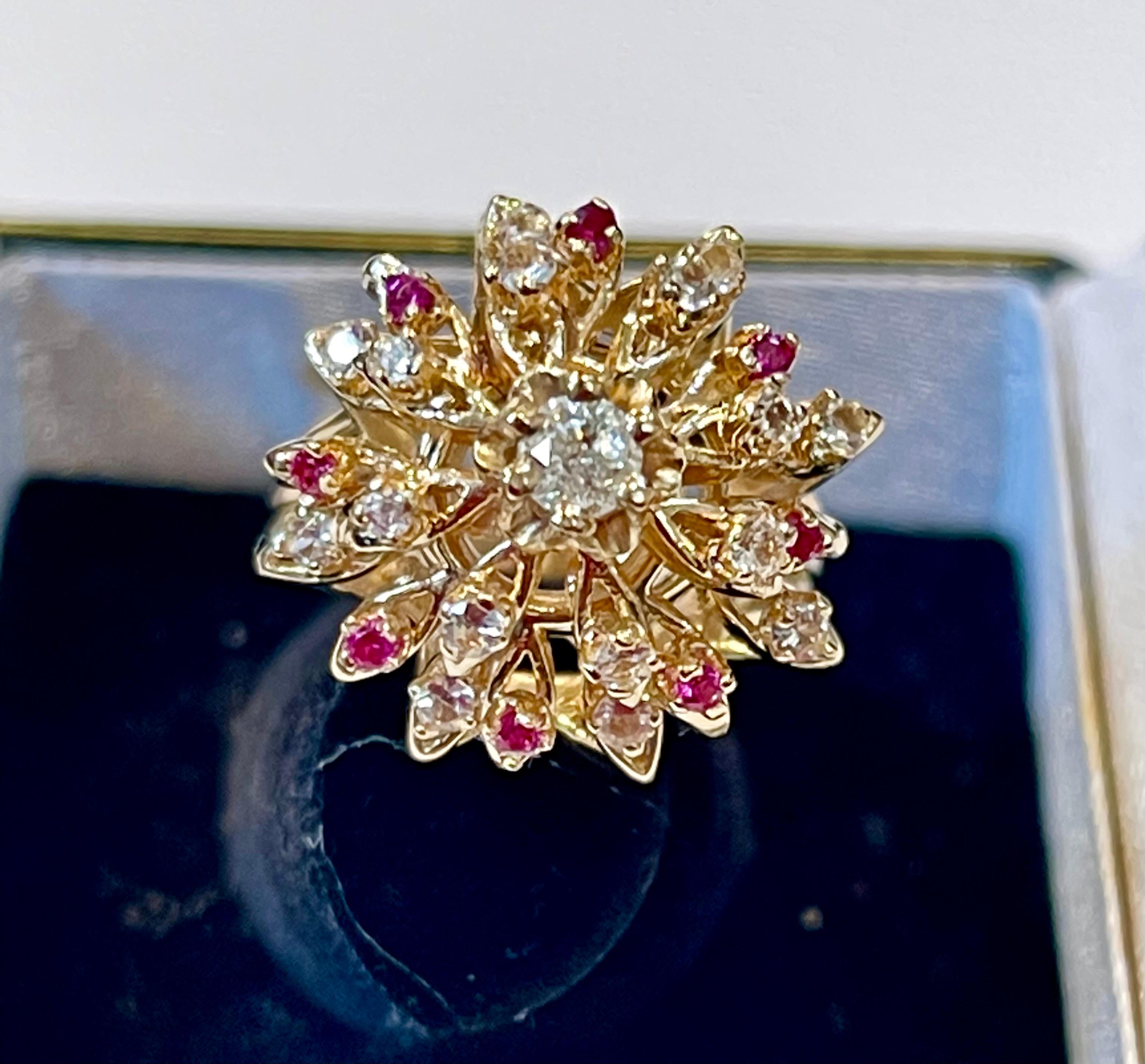 Natural Ruby and Diamond 14 Karat Yellow Gold Flower Cocktail Ring For Sale 6