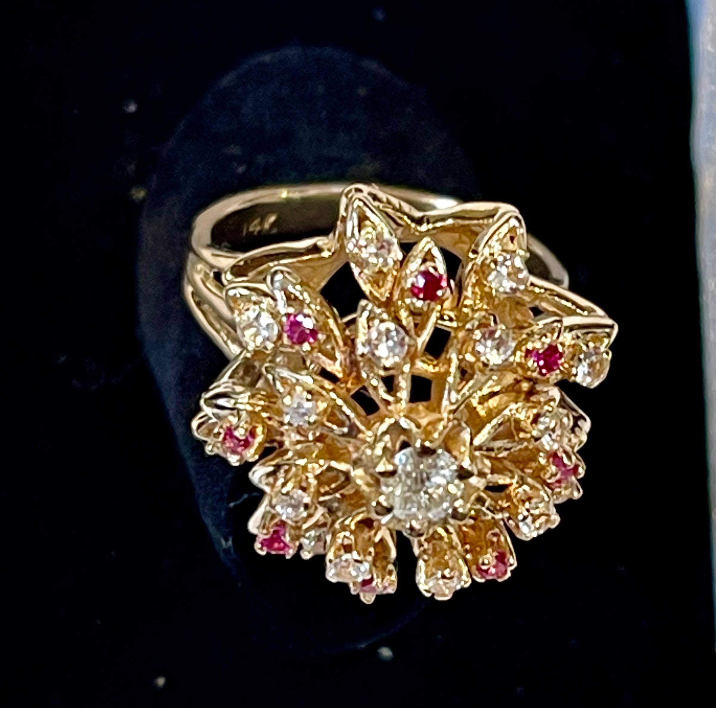 Natural Ruby and Diamond 14 Karat Yellow Gold Flower Cocktail Ring For Sale 7