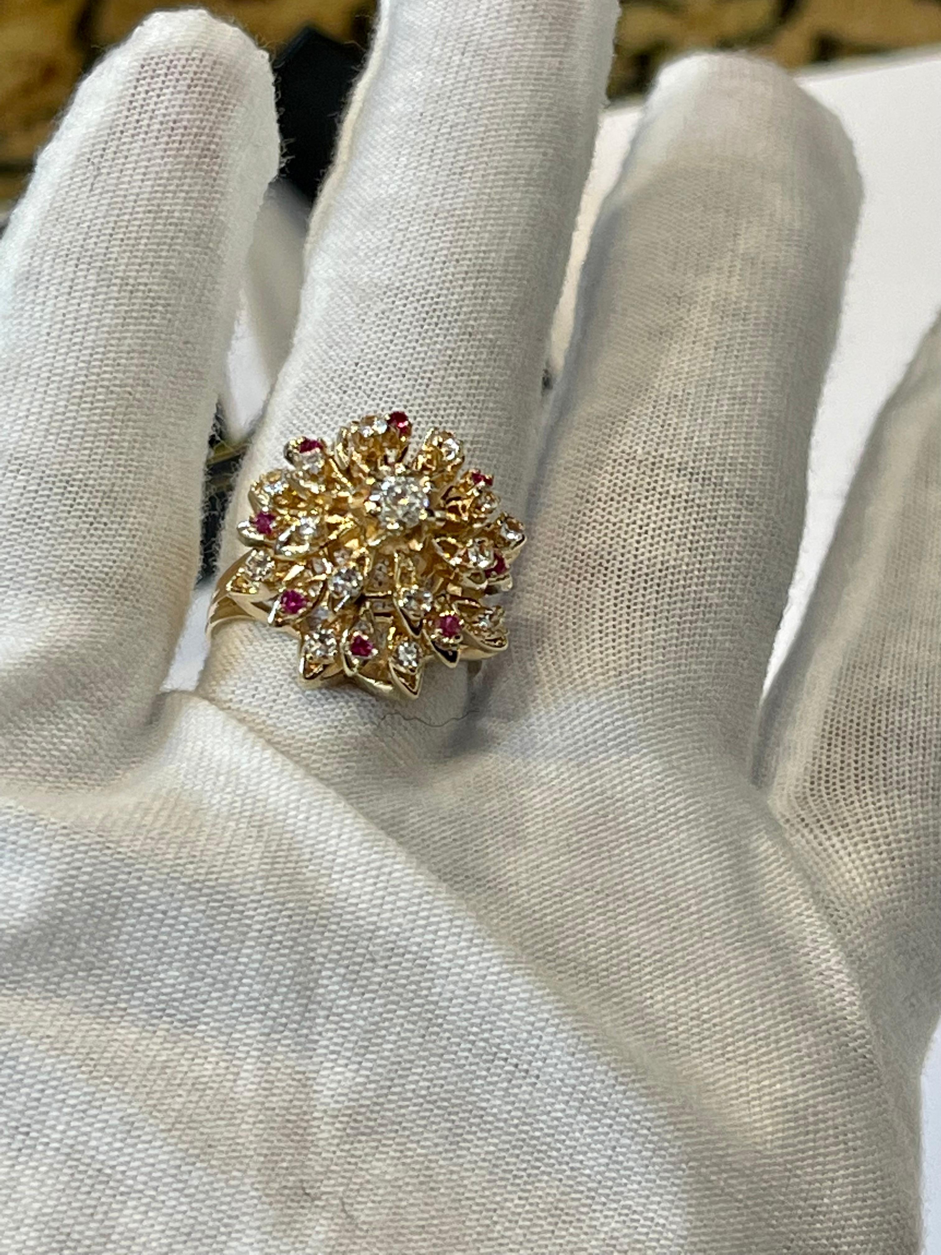 Natural Ruby and Diamond 14 Karat Yellow Gold Flower Cocktail Ring For Sale 8