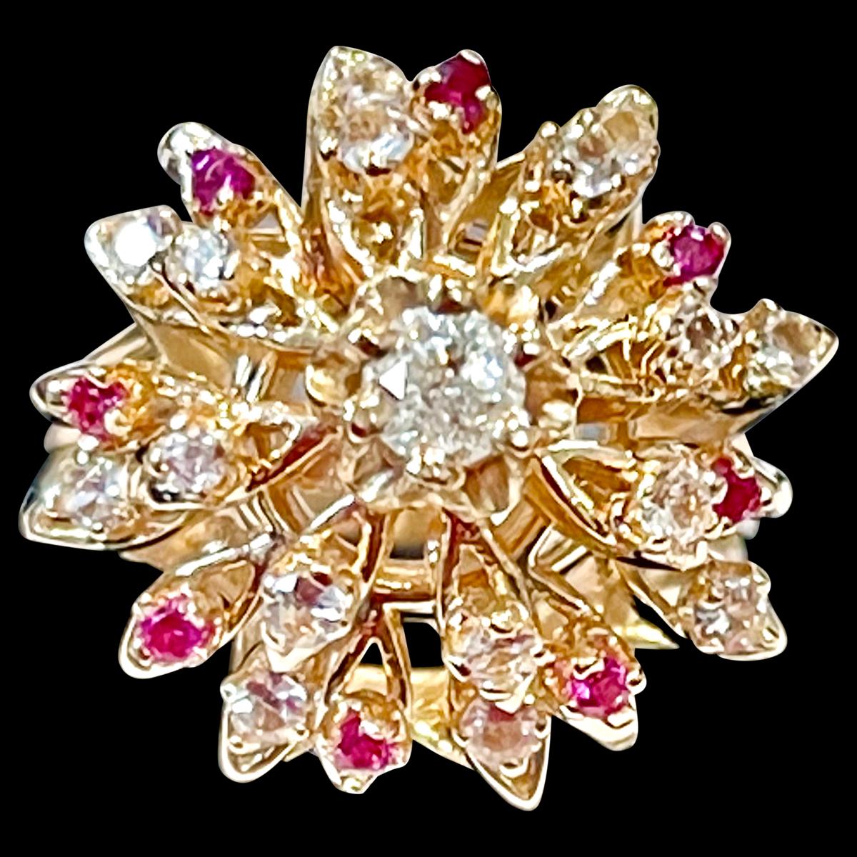 Natural Ruby and Diamond 14 Karat Yellow Gold  Flower Cocktail Ring Size 6.5
 Approximately 15 pointer diamond is making  the center of the flower which is surrounded by clean brilliant cut diamonds and rubies 
Ring Size 6.5 ( can be altered