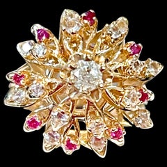 Natural Ruby and Diamond 14 Karat Yellow Gold Flower Cocktail Ring