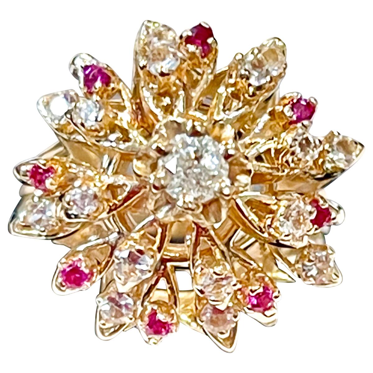 Round Cut Natural Ruby and Diamond 14 Karat Yellow Gold Flower Cocktail Ring For Sale