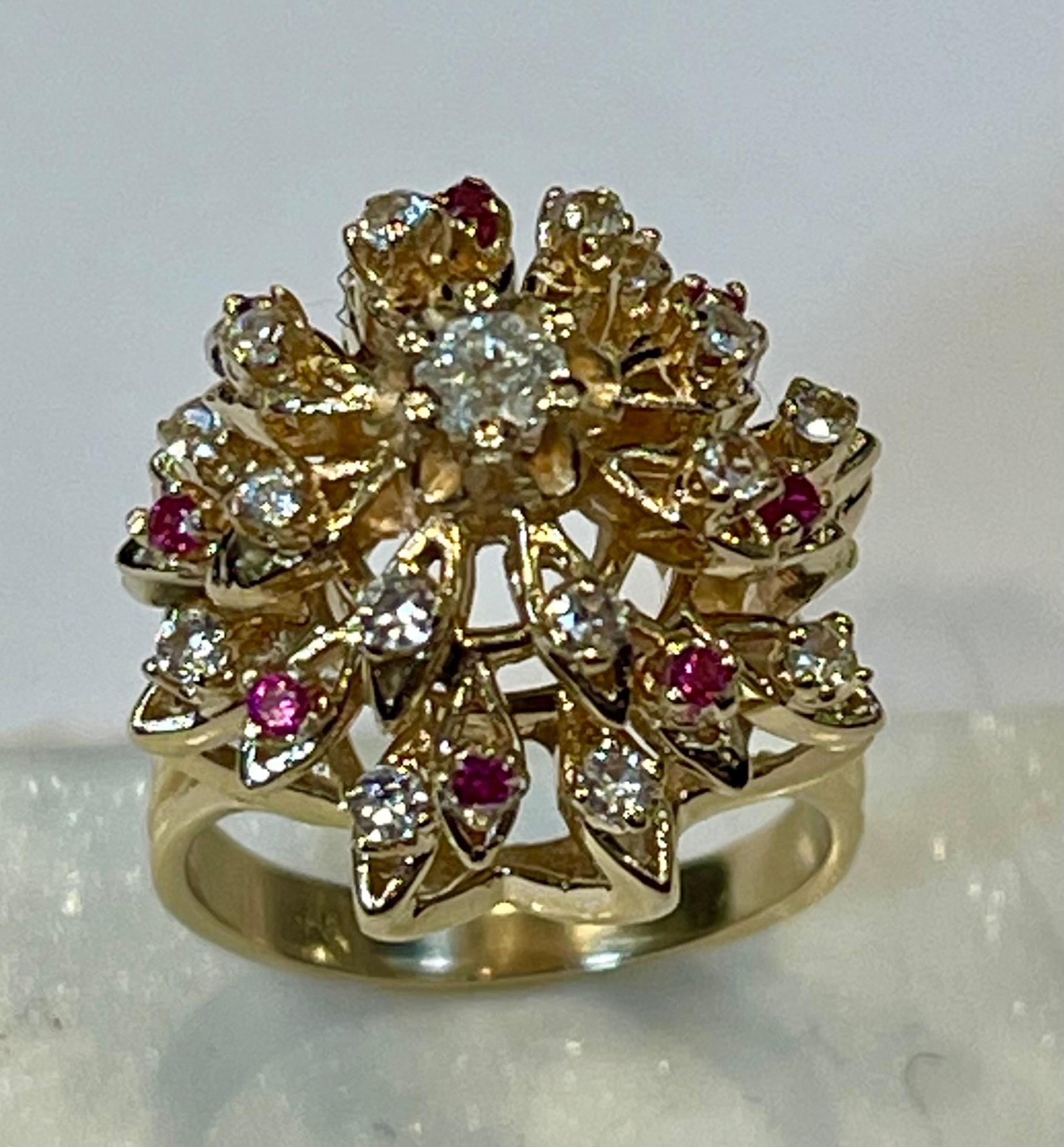 Natural Ruby and Diamond 14 Karat Yellow Gold Flower Cocktail Ring In Excellent Condition For Sale In New York, NY