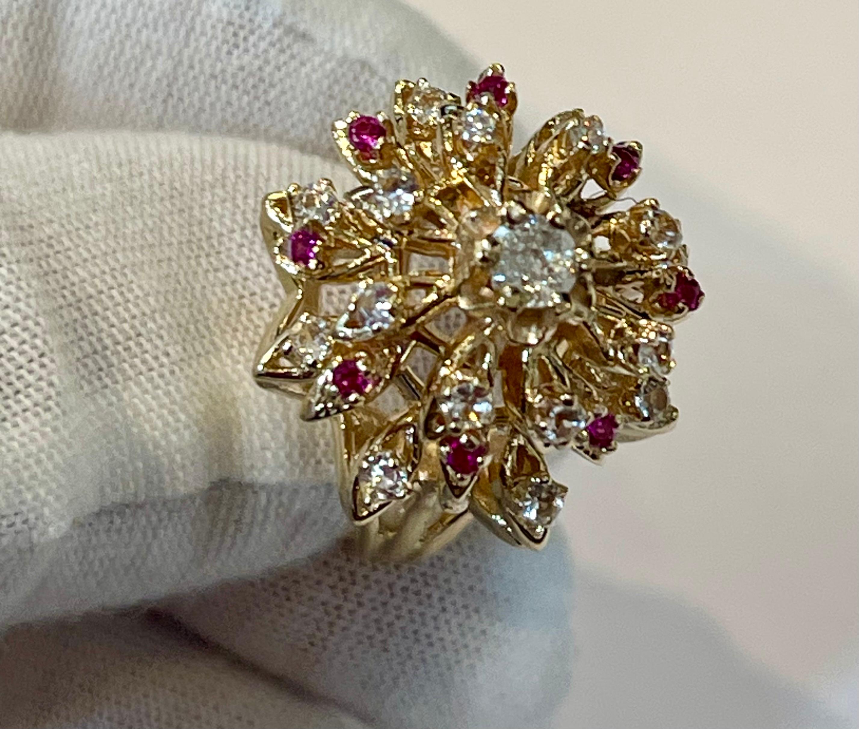 Women's Natural Ruby and Diamond 14 Karat Yellow Gold Flower Cocktail Ring For Sale
