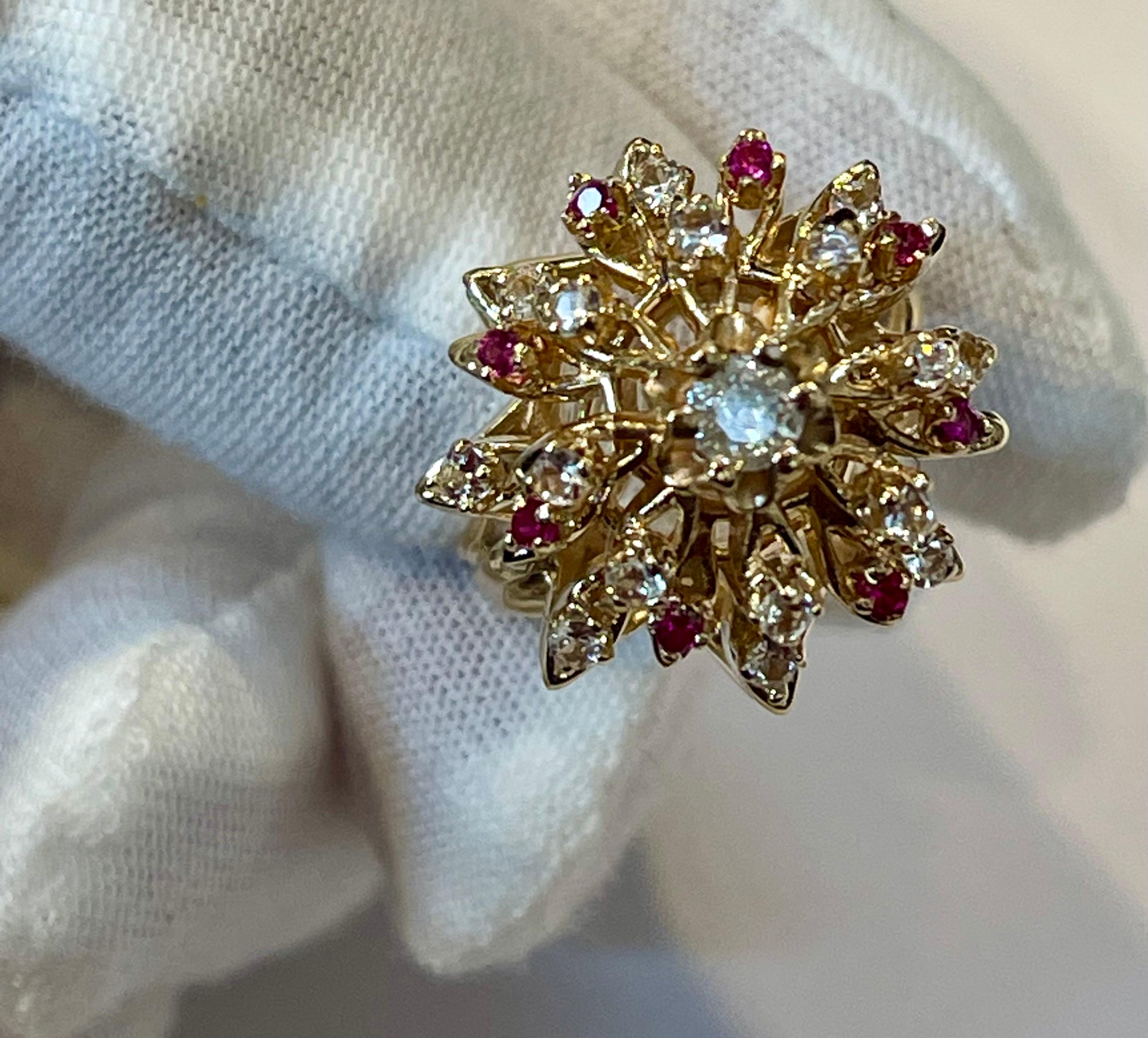 Natural Ruby and Diamond 14 Karat Yellow Gold Flower Cocktail Ring For Sale 1