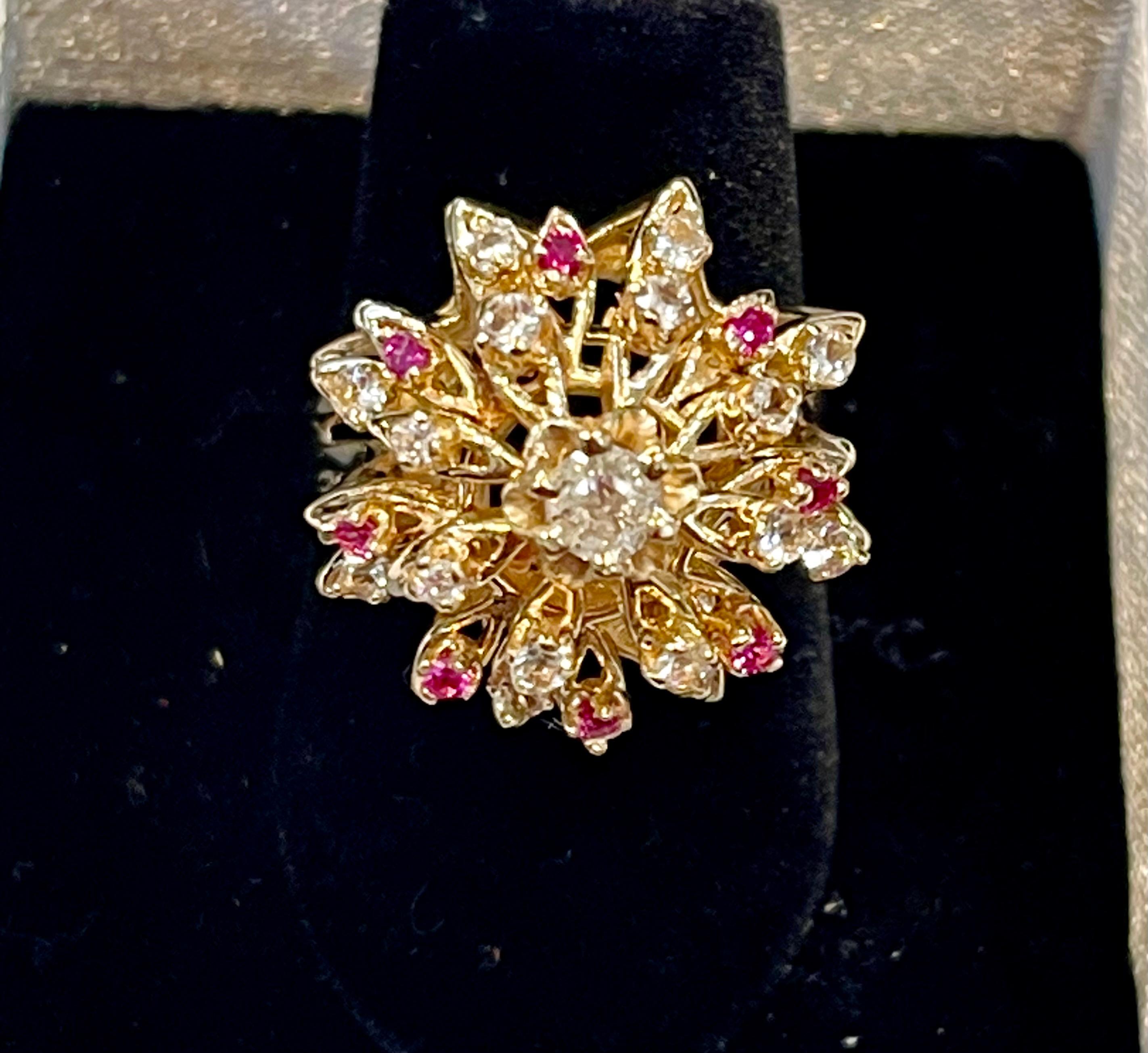 Natural Ruby and Diamond 14 Karat Yellow Gold Flower Cocktail Ring For Sale 2