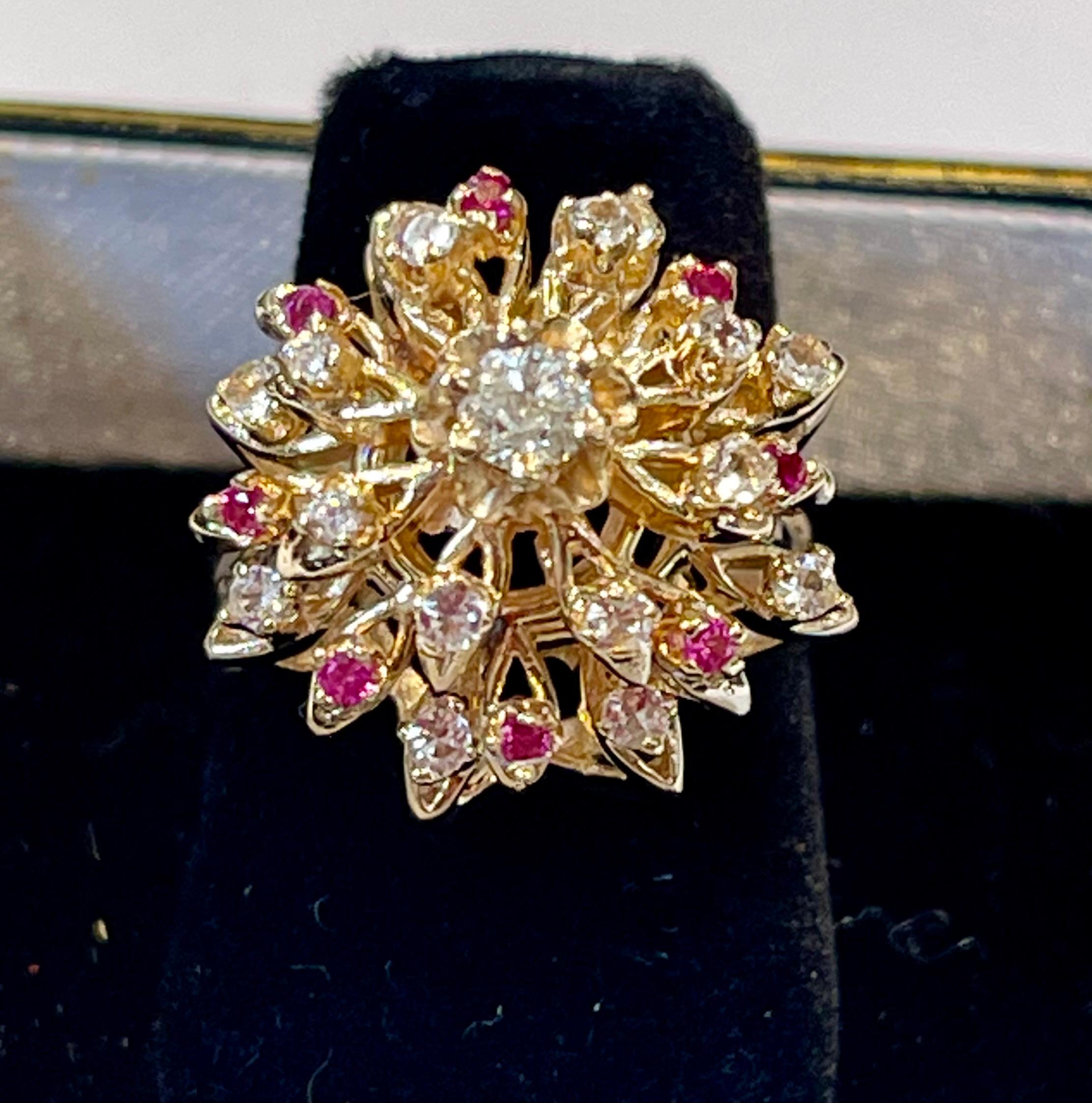 Natural Ruby and Diamond 14 Karat Yellow Gold Flower Cocktail Ring For Sale 3