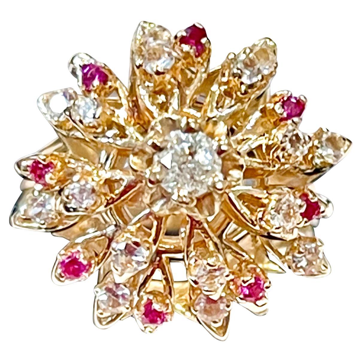 Natural Ruby and Diamond 14 Karat Yellow Gold Flower Cocktail Ring For Sale
