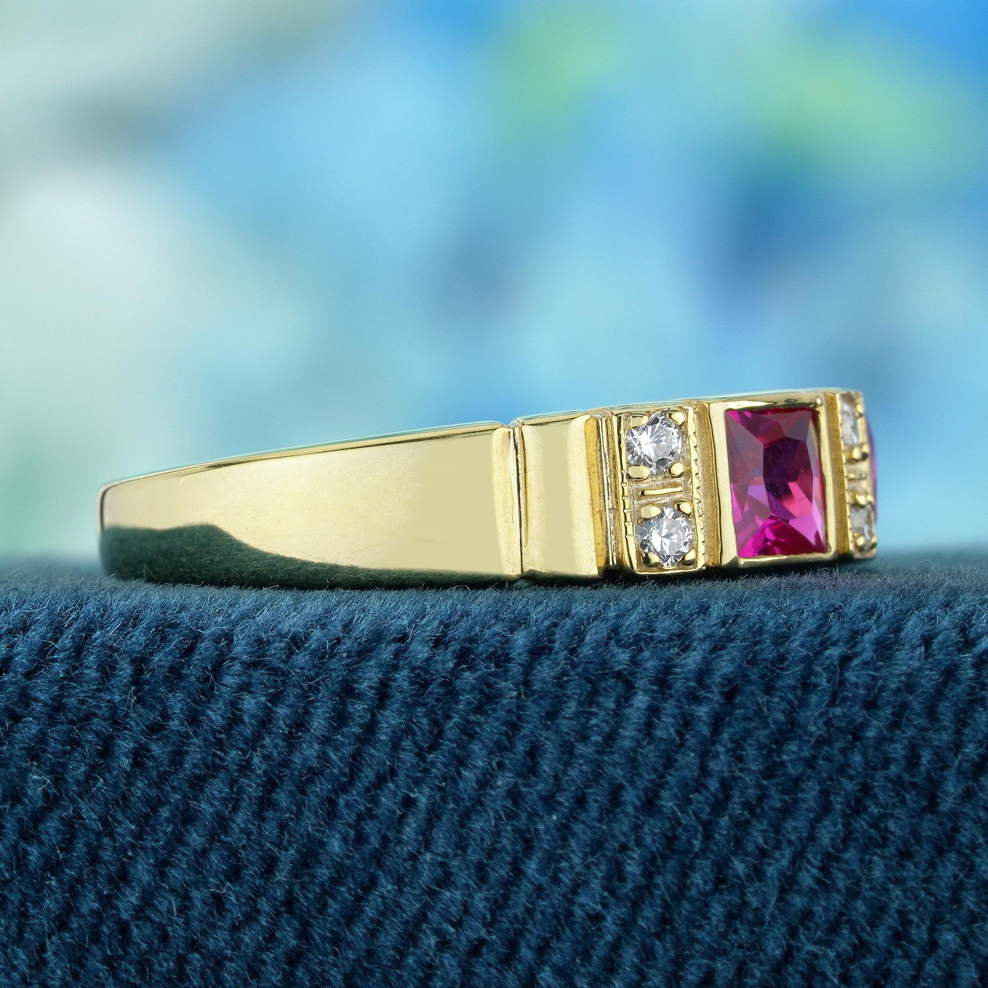 Taille carrée Bague à deux pierres en or jaune 9 carats, rubis naturel et diamant de style Art déco en vente