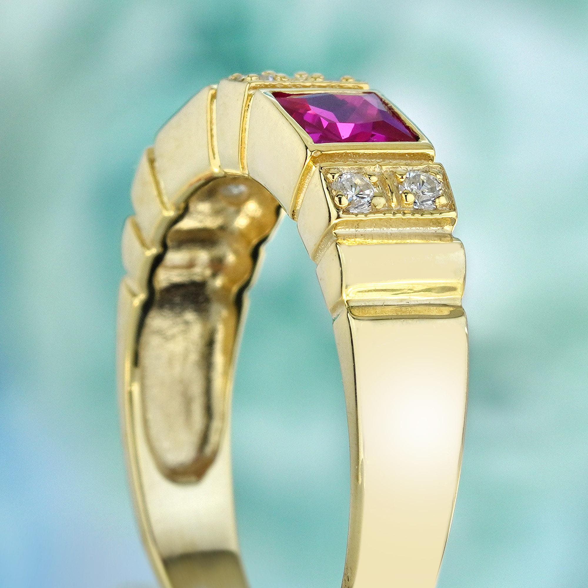 Bague à deux pierres en or jaune 9 carats, rubis naturel et diamant de style Art déco Pour femmes en vente