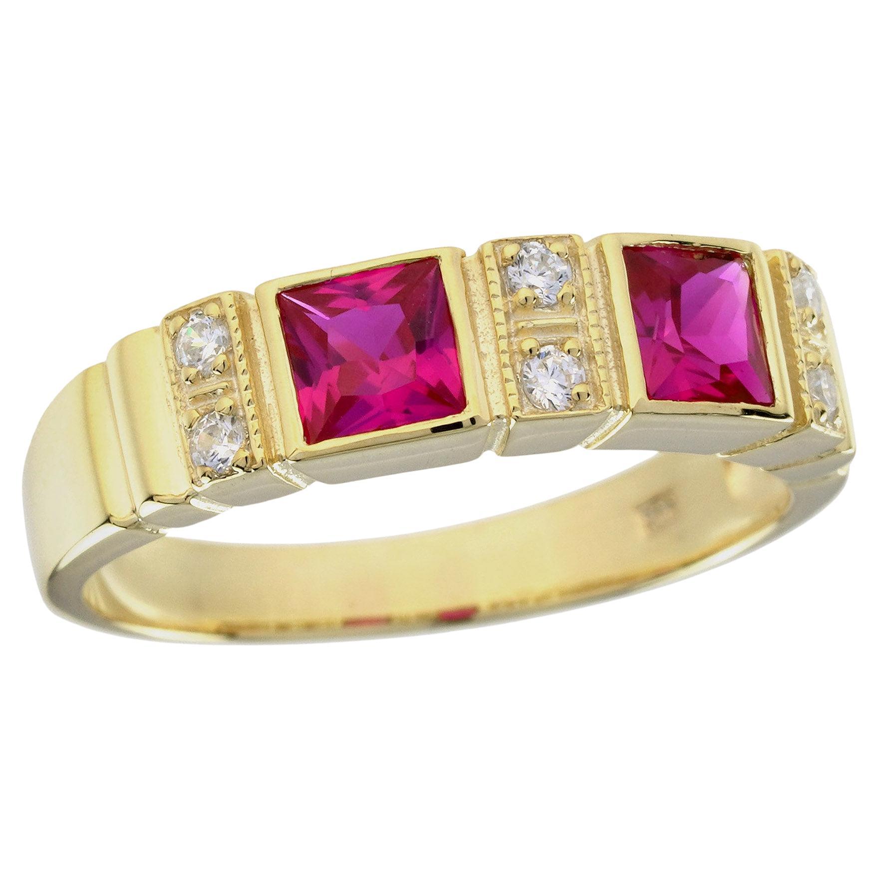 Anillo de dos piedras estilo Art Decó de oro amarillo macizo de 9 quilates con rubí natural y diamantes