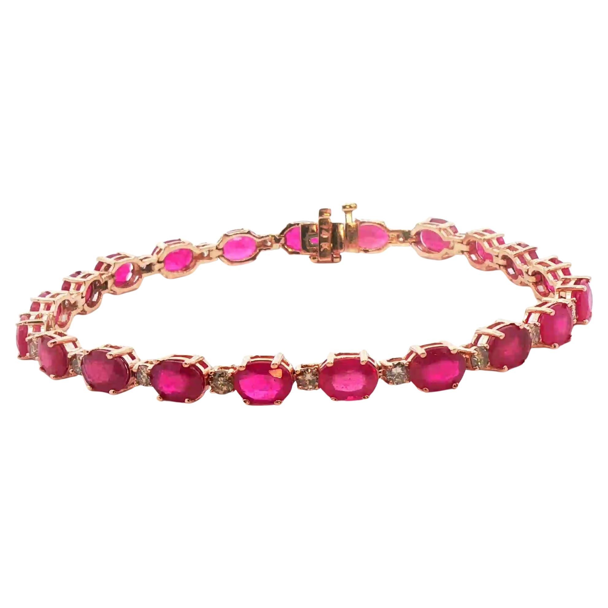 Pulsera de rubíes naturales y diamantes en oro rosa de 14k en venta